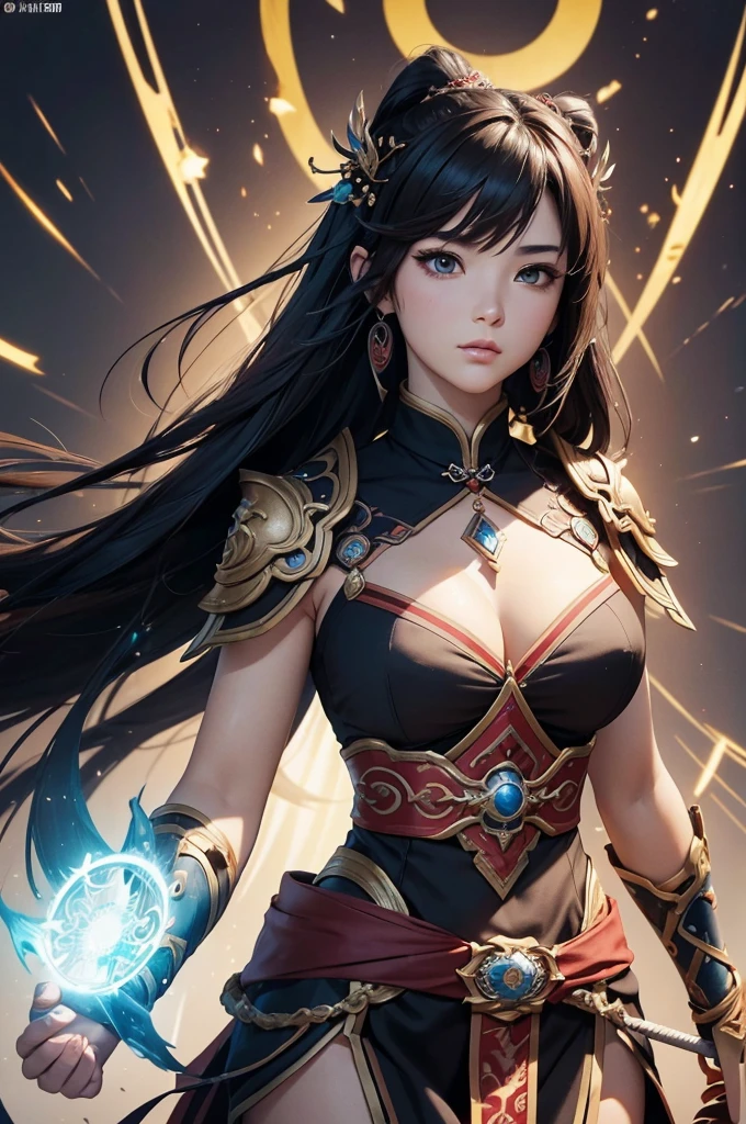 ((UHD, masterpiece, accurate, anatomically correct, super detail, best quality, 8K)), Up Of A Woman with decorated spear in left hand, Jan J, Captivating woman, Xianxia Hero, From System 2, Jan Born, Epic Exotic Character Art, Black-haired wizard, Yun Ling, Ayaka Genshin Impact, Written by Ku Lei Lei, Shadowverse Style, Jan Jin, Anime Goddess