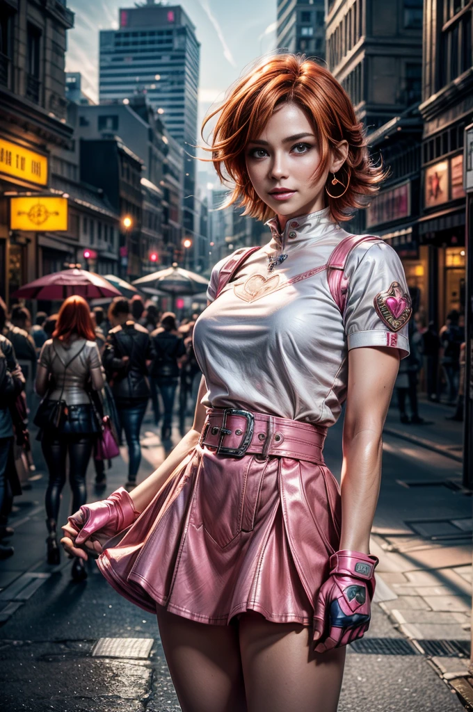 cowboy shot, beautiful (nora_valkyrie), looking at viewer, smiling, lips, short hair, blue eyes, orange hair, hoop earring, heart design on t-shirt, gloves, jacket, pink skirt, pink belt, short sleeves, puffy sleeves, single armband, fingerless gloves,  black nail, standing in cityscape, crowd, fountain, best quality, masterpiece, intricate details, tonemapping, sharp focus, hyper detailed, masterpiece, elegant face, beautiful face, highly detailed skin, skin pores, subsurface scattering, realistic pupils, full lips, detailed background, depth of field, atmospheric perspective, volumetric lighting, sharp focus, absurdres, realistic proportions, good anatomy, (realistic, hyperrealistic:1.4), 16k hdr,