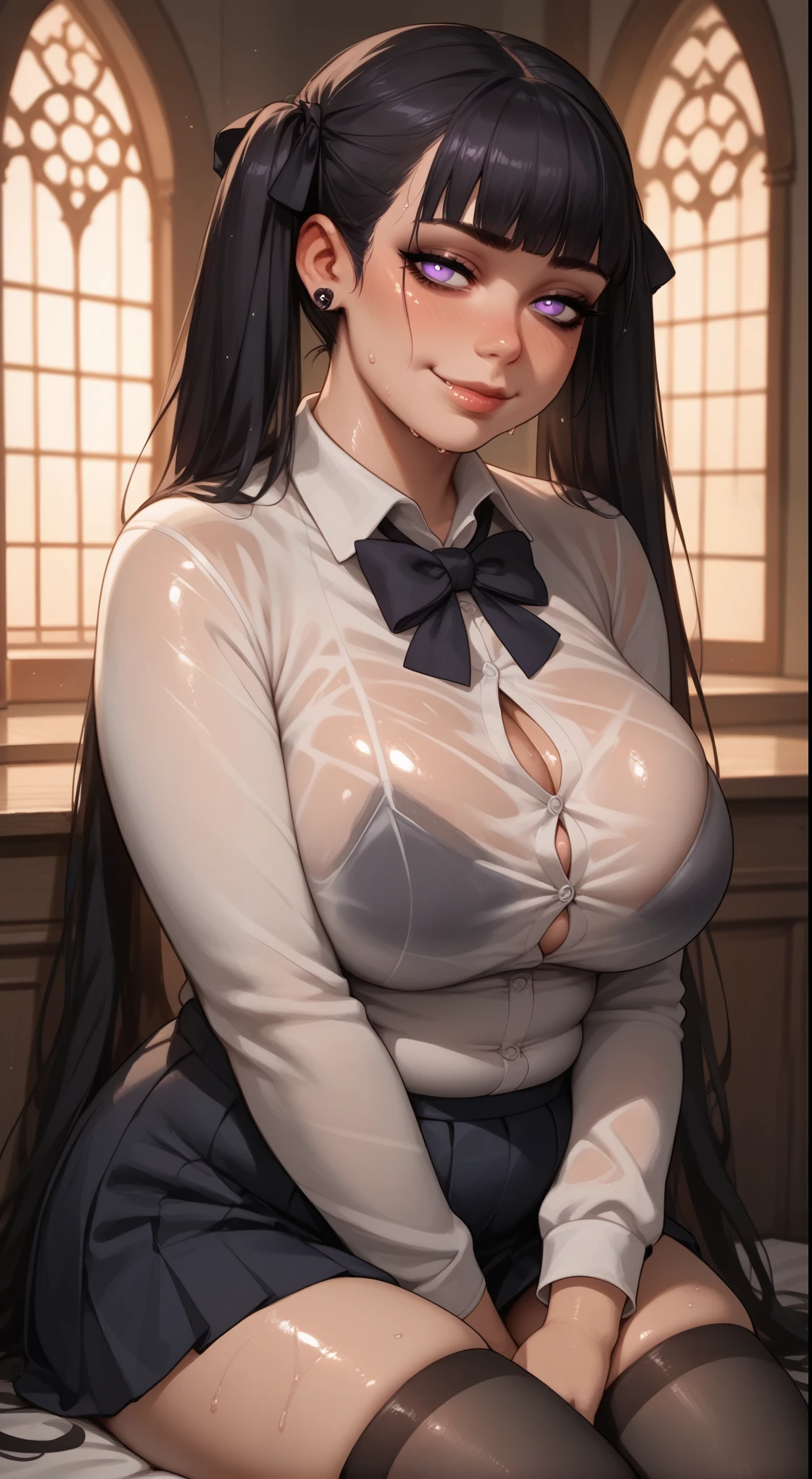 Expressiveh, demon girl, purple eyes, cold stare, sexy, big breasts,score_9, score_8_up, score_7_up, long wavy black hair, pigtails, hot chubby girl, source_anime, haughty, Gorgeous, gothic chubby woman, schoolgirl uniform, long-sleeved blouse and pleated schoolgirl skirt, sitting in front of the house, in a beautiful pose, cheeky pose, half side pose, legs slightly open, 80swa, shiny skin, wet, oily, sweaty, perfect face, beautiful girl, beautiful face, she is smiling, with a seductive look, pink lightings, sexy tight black stockings, grabbing breats, squeezing ass, perfect rounded ass, red skin