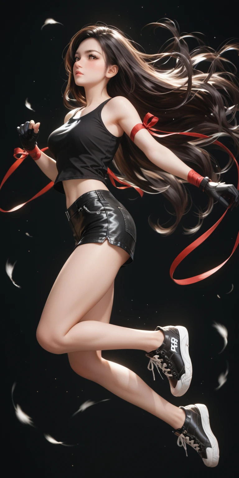 (masterpiece,Highest quality,Ultra-high resolution),(((A very beautiful girl))), age 25, acTifa, brown eyes, dark brown long hair, black shirt, black tank top, zipper, black skirt, midriff, black shorts, black gloves, red arm ribbon, black sneakers, dynamic pose, sexy pose, blush, hair blowing in the wind, black background 