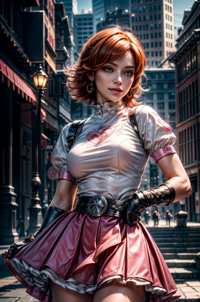 cowboy shot, beautiful (nora_valkyrie), looking at viewer, smiling, lips, short hair, blue eyes, orange hair, hoop earring, heart design on t-shirt, gloves, jacket, pink skirt, pink belt, short sleeves, puffy sleeves, single armband, fingerless gloves, black nail, standing in cityscape, crowd, fountain, best quality, masterpiece, intricate details, tonemapping, sharp focus, hyper detailed, masterpiece, elegant face, beautiful face, highly detailed skin, skin pores, subsurface scattering, realistic pupils, full lips, detailed background, depth of field, atmospheric perspective, volumetric lighting, sharp focus, absurdres, realistic proportions, good anatomy, (realistic, hyperrealistic:1.4), 16k hdr,