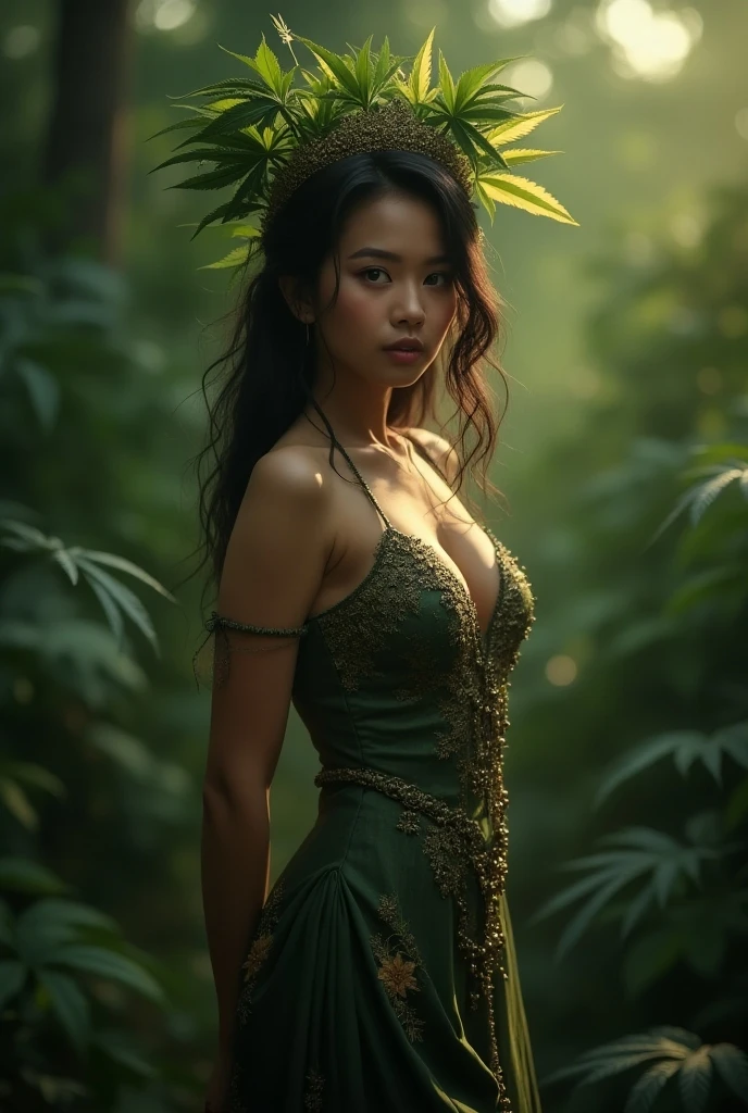 a beautiful Nora Danish Malaysia artist, 1girl, beautiful detailed eyes, beautiful detailed lips, extremely detailed face and features, longeyes, short dark hair, intricate headdress, ornate necklace, elegant flowing dress, standing in a lush tropical garden, vibrant green foliage, blooming flowers, sunlight filtering through trees, (best quality,4k,8k,highres,masterpiece:1.2),ultra-detailed,(realistic,photorealistic,photo-realistic:1.37),concept art, cinematic lighting, warm color palette, rich textures