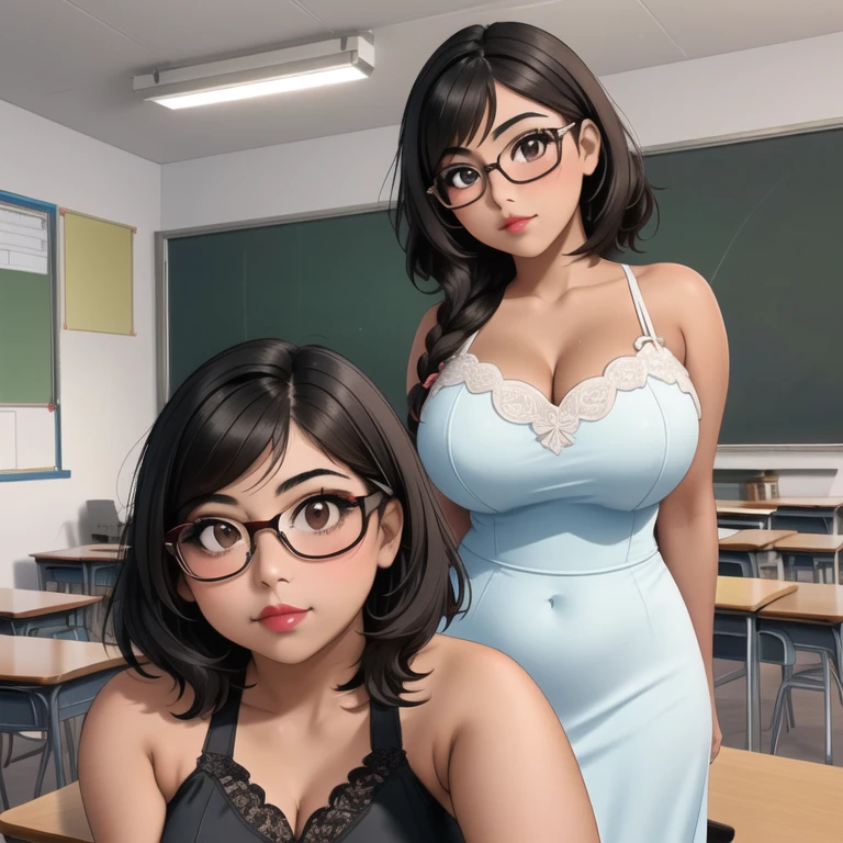 An adorable cute petite skinny slightly curvy chubby tan skin emo mexican teacher, short wild volumetric hair, one wearing glasses, beautiful detailed brown eyes, cutely detailed lips, extremely cute detailed eyes and shy face, busty, voluptuous breasts, wide curvy pearshaped hips, thick thighs, prom dress, full body photo, masterpiece, photorealistic, 8k, vivid colors, studio lighting, professional, standing in her classroom,1girl, 