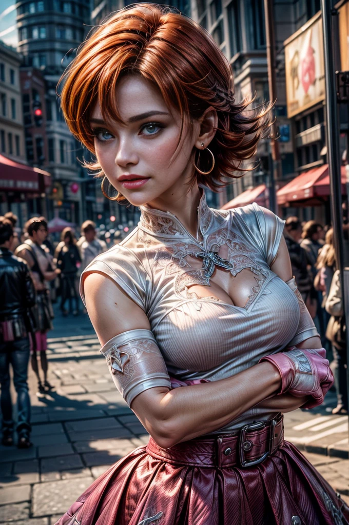 cowboy shot, beautiful (nora_valkyrie), looking at viewer, smiling, lips, short hair, blue eyes, orange hair, hoop earring, heart design on t-shirt, gloves, jacket, pink skirt, pink belt, short sleeves, puffy sleeves, single armband, fingerless gloves,  black nail, standing in cityscape, crowd, fountain, best quality, masterpiece, intricate details, tonemapping, sharp focus, hyper detailed, masterpiece, elegant face, beautiful face, highly detailed skin, skin pores, subsurface scattering, realistic pupils, full lips, detailed background, depth of field, atmospheric perspective, volumetric lighting, sharp focus, absurdres, realistic proportions, good anatomy, (realistic, hyperrealistic:1.4), 16k hdr,