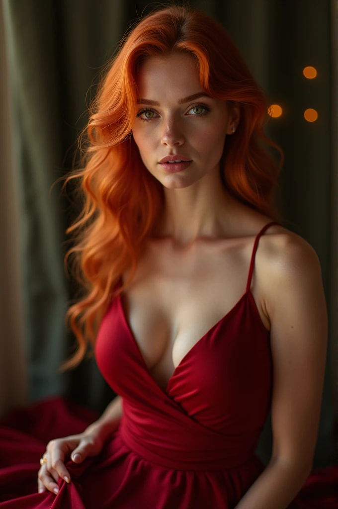 25 year old woman with waist length copper colored hair, White skin, green eyes, full frame on the counter of a strip bar, Passion, lust, full length, in a transparent red robe, From top to bottom, Breast exposure, nude body, beautiful detailed eyes, beautiful detailed lips, extremely detailed eyes and face, long eyelashes, high quality, 8 thousand., hyperrealistic, photorealistic, physically based rendering, bright colors, studio lighting, complex parts
