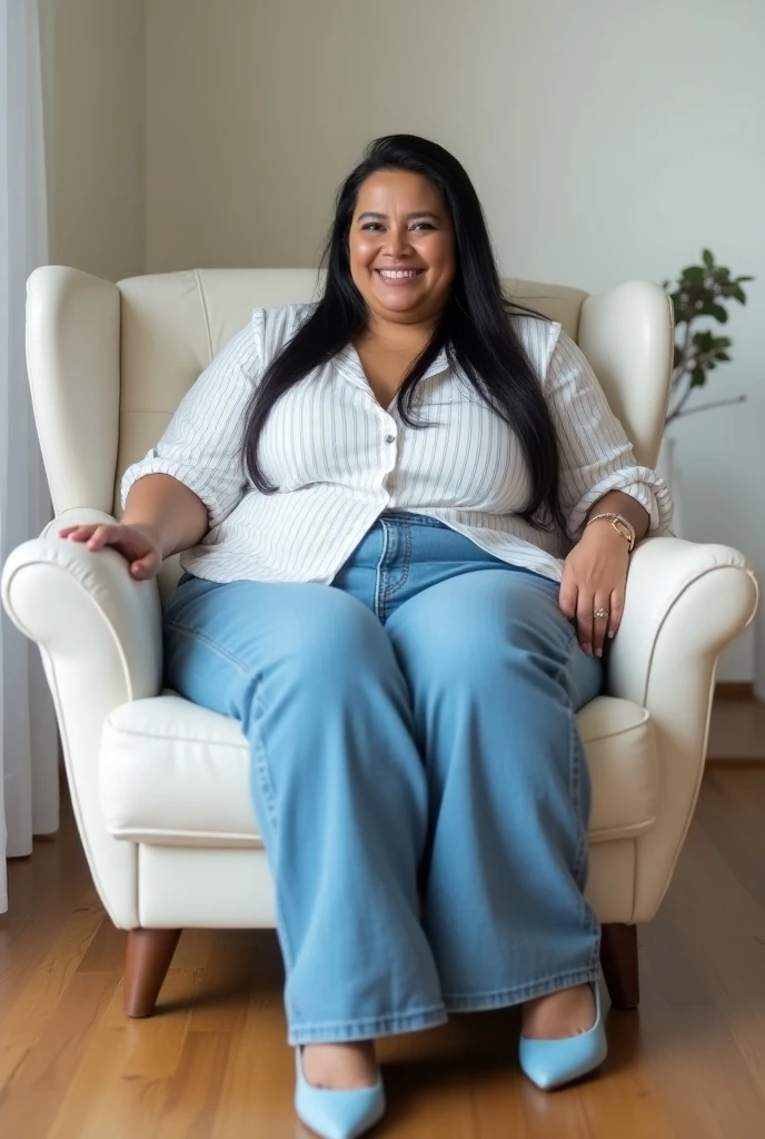 Create a photo of a woman with an athletic body but a little chubby sitting on the floor showing the soles of her feet in shorts and a blouse