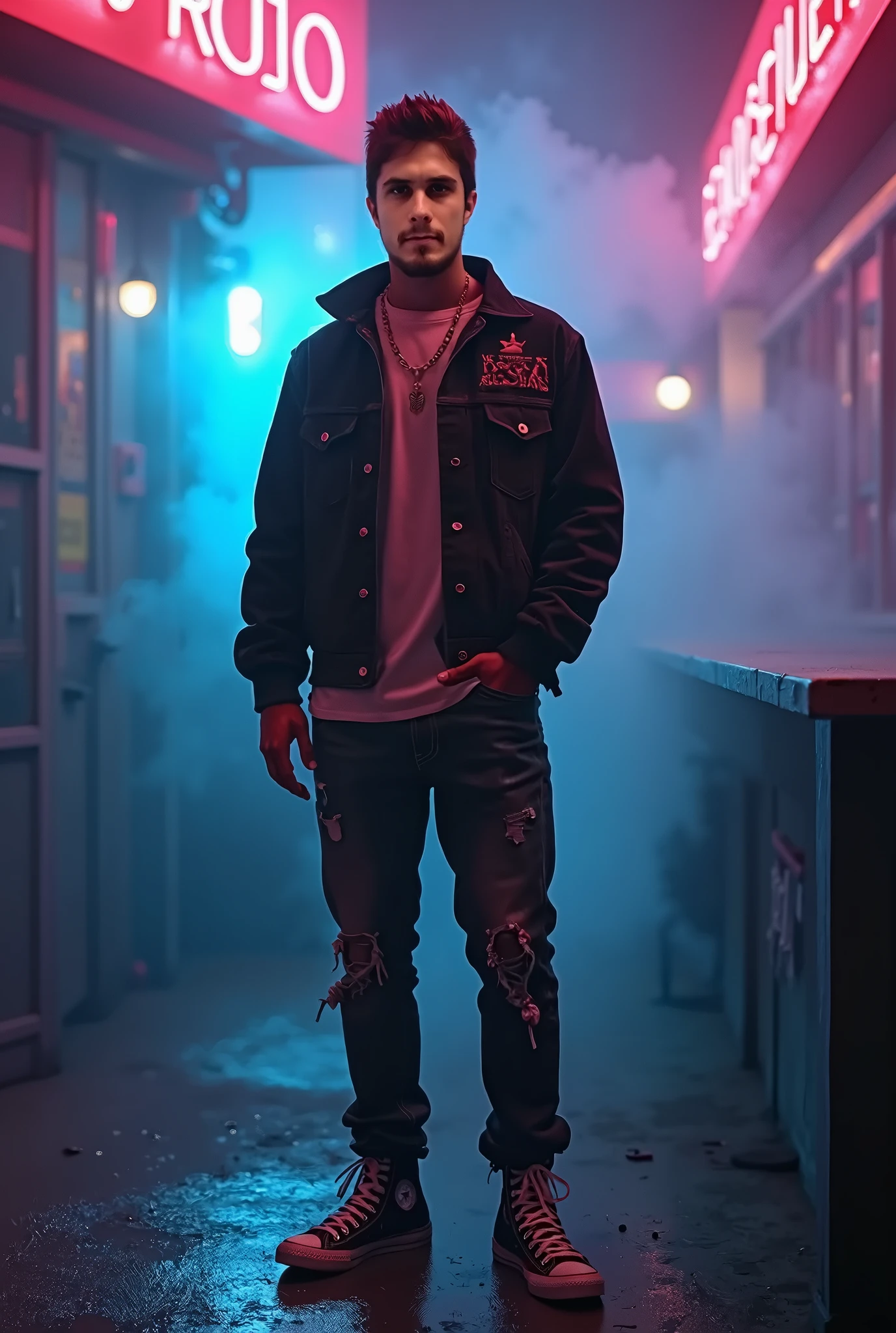 Caucasian thin man, full body, tenis allstar, one meter and seventy tall, rock clothes, looking forward, short hair divided in the middle,  smoky scenery background neon lighting, ultra realistic, 4K, super detailed,  weather and neon lighting