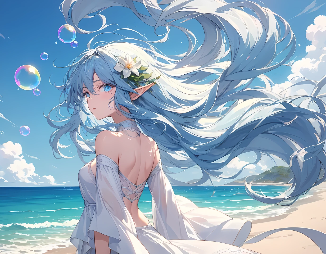 ((best quality)), ((masterpiece)), (detailed), perfect face, detailed eyes, (best quality), (detailed skin:1.3), (intricate details), elf, blue hair, long hair, floating hair, big hair, pointy ears, She shows her back, back view, She turns around and looks at, Her lush hair is blown up by the wind, Wind blowing up from the bottom, hair blown up by the wind, seaside, Blowing bubbles