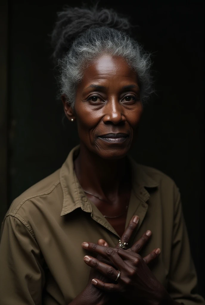 89-year-old woman with wrinkled skin, cabelo black power, His expression is peculiar and funny in a slum