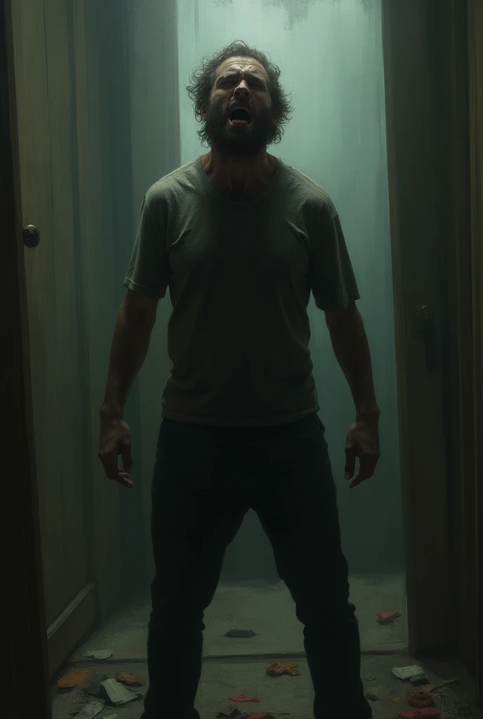 Screaming man bleeding naked and attractive in a very detailed and modern room. Masterpiece