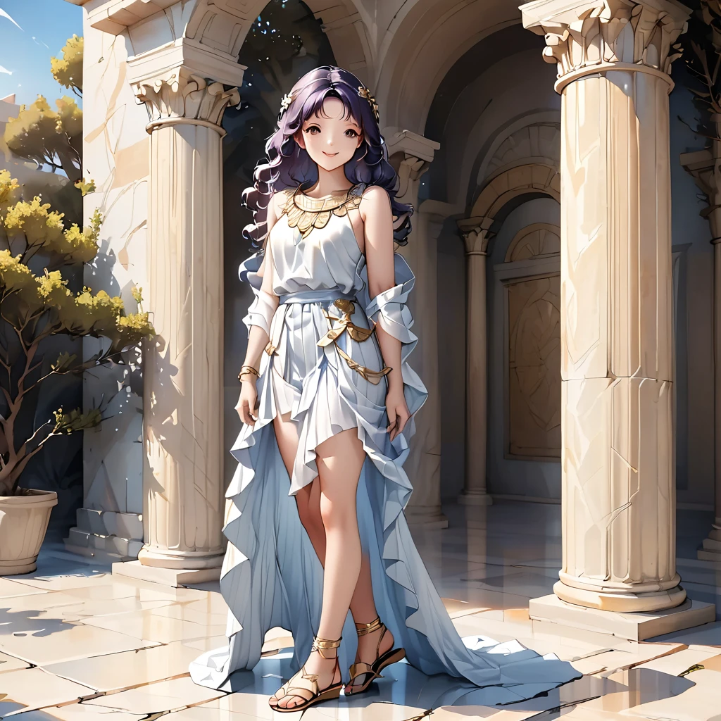 A girl wearing an ancient Greek chiton, standing elegantly, the chiton flowing gracefully with pleats, intricate patterns embroidered, delicate sandals, dark wavy hair styled in a Greek fashion, serene expression, set against a backdrop of ancient Greek architecture with marble columns, olive trees in the background, soft sunlight casting gentle shadows, historical and mythological ambiance, high detail, realistic style, deep purple hair , hyper beautiful face, purple hair, perfect anatomy, shiny skin, beautiful smile, 