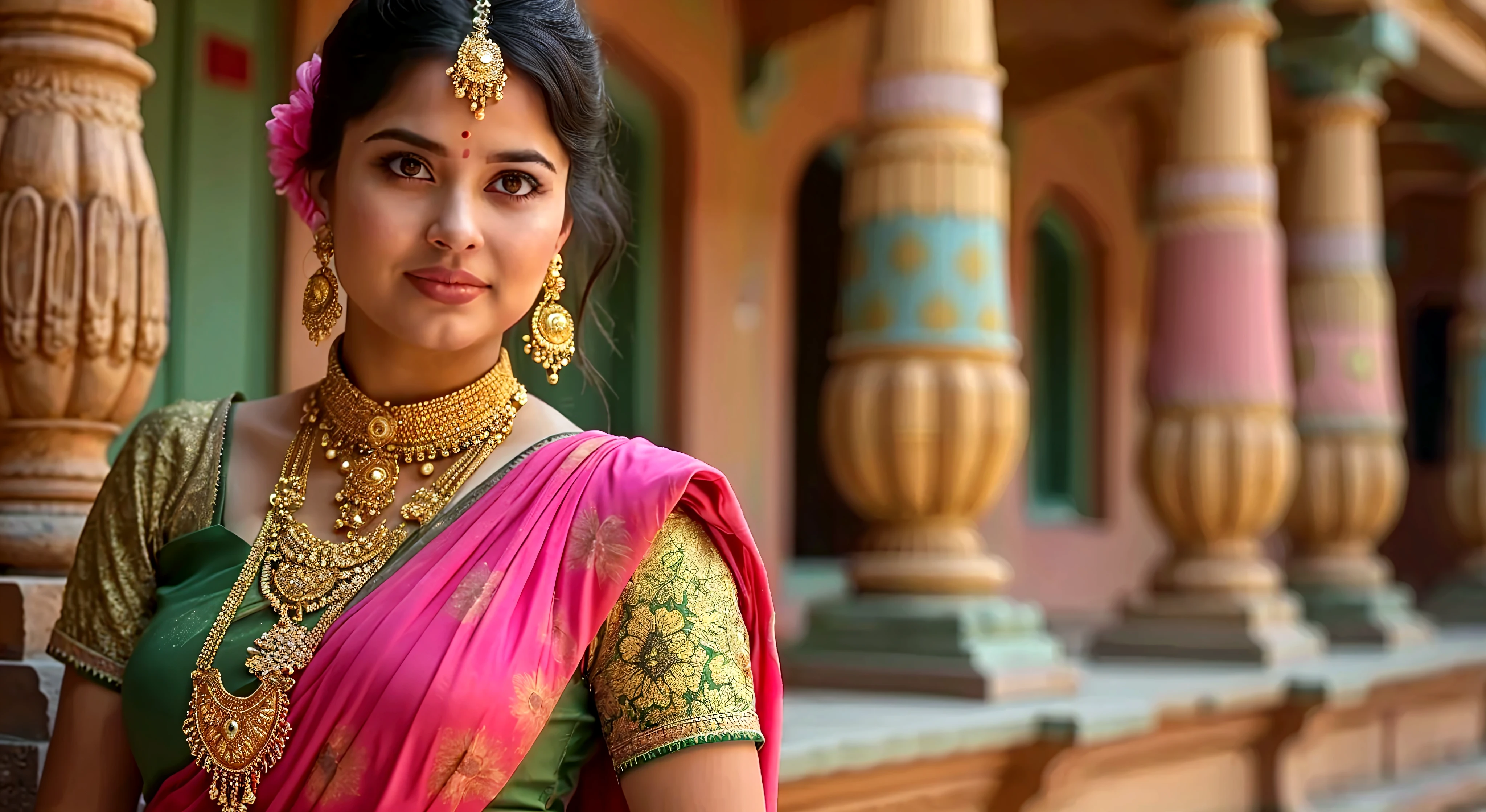 (medium full shot) of (angelic indian princess) young woman, black hair, wavy hair, green eyes, petite,             wearing Traditional saree in rich hues of red and gold, intricately embroidered with sequins and beads, draped elegantly, adorned with traditional Indian jewelry including a maang tikka, choker necklace, bangles, and anklets, statement passa headpiece with cascading chains, smiling at the viewer,  set in  temple Elephant Stables, Spacious area with shelter for temple elephants, caretakers bathing and feeding the elephants, the smell of hay and dung, the sound of trumpeting and splashing water , at sunset, ,Masterpiece,best quality, photorealistic, amazing quality, very aesthetic, extremely detailed face,