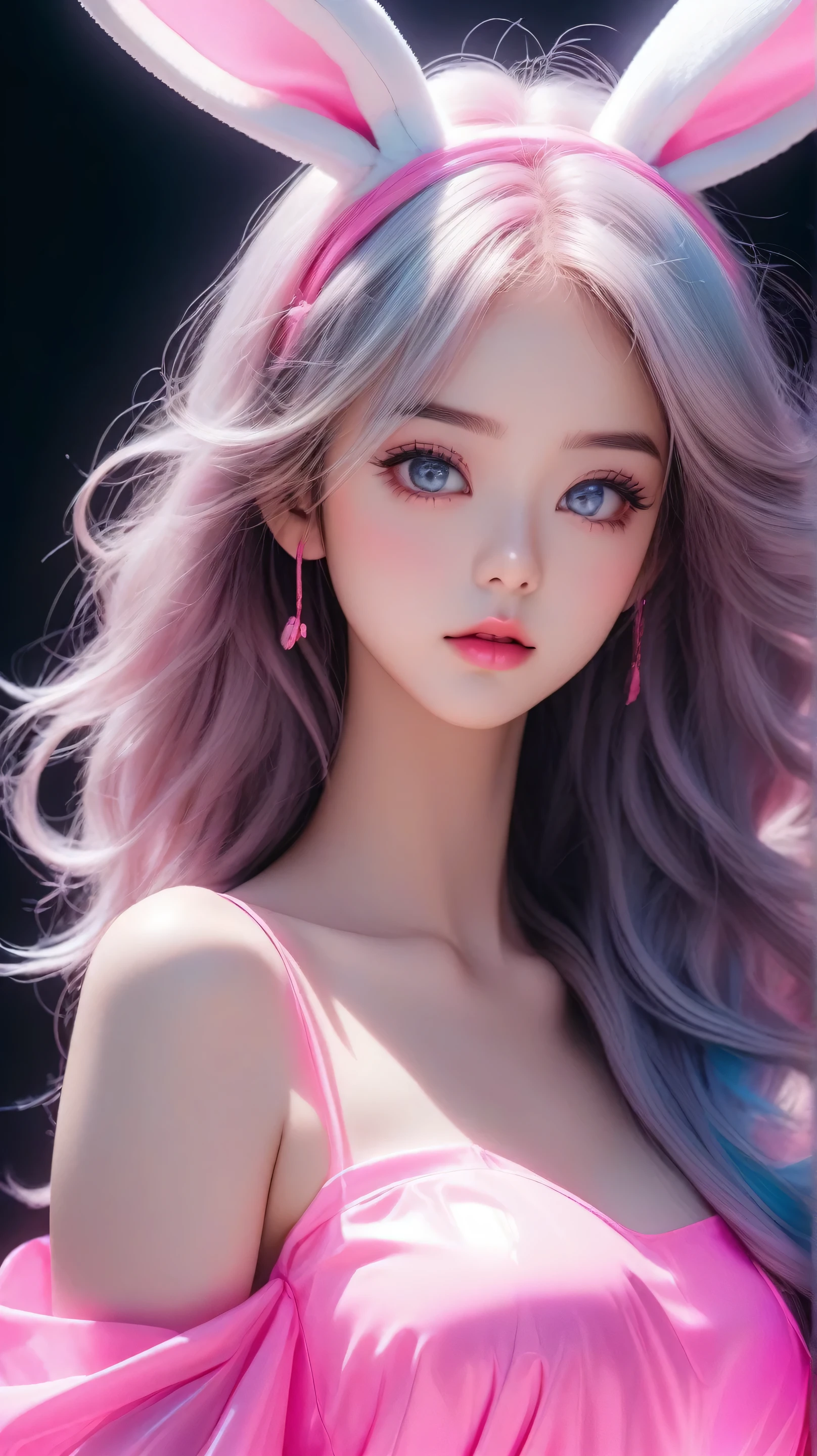 One girl, Medium Hair, silver hair, Pink long dress, pink Bunny ears , She has large expressive pink eyes,Backlight, Black Light, Beautiful fine details, Beautiful lip detail, Beautifully detailed face, Long eyelashes, Glowing Skin, Mysterious, Mysterious, Surreal, Dramatic lighting, neon, UV rays, psychedelic, Vibrant colors, High resolution, Cinematic, Atmospheric, Harajuku Fashion Akihabara, Transparent color PVC clothing, Transparent Color Vinyl Clothing, Prismatic, Holographic, chromatic aberration, Colorful gradient, big breasts, cleavage, solid black background,
