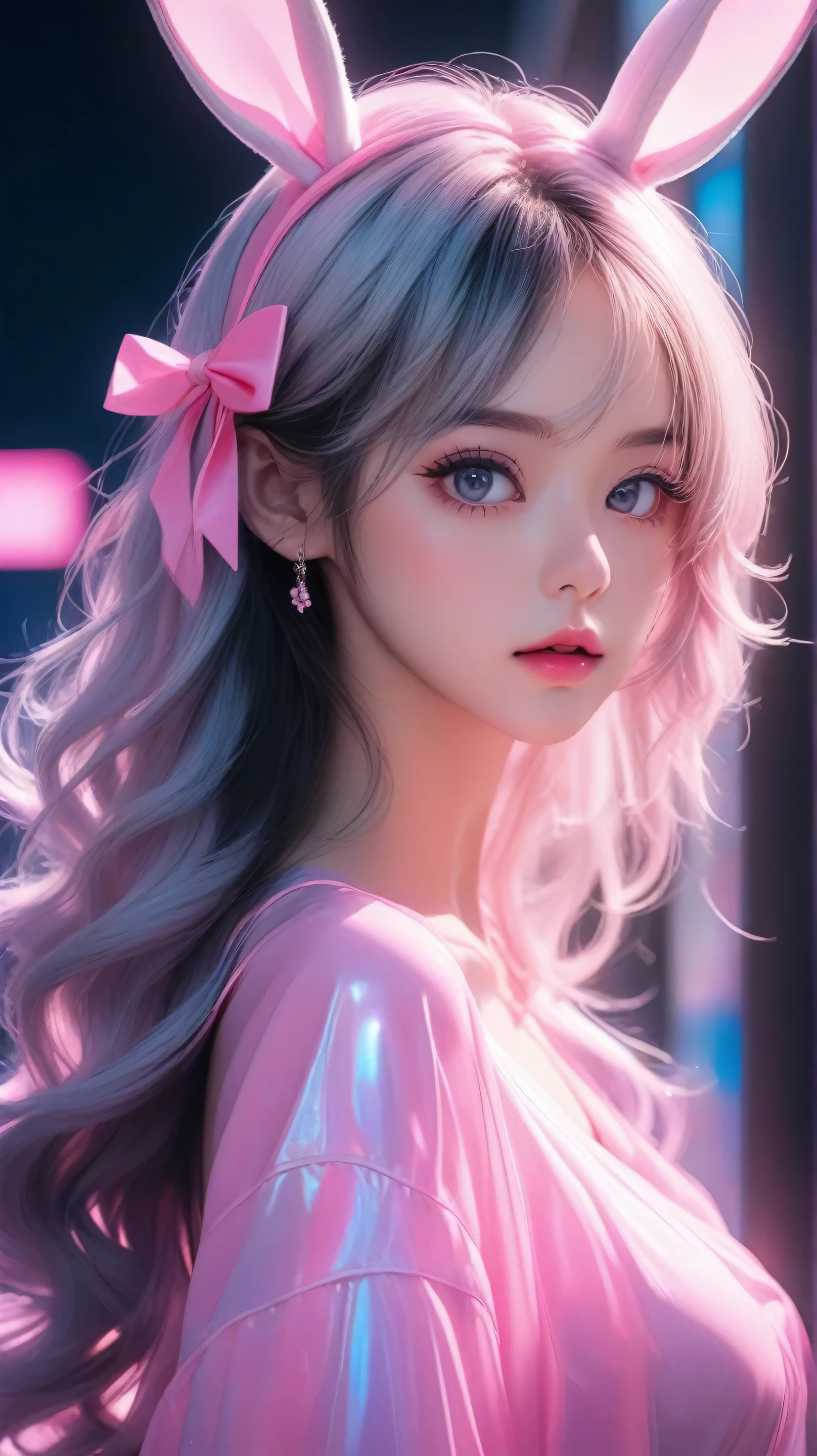One girl, Medium Hair, silver hair, Pink long dress, pink Bunny ears , She has large expressive pink eyes,Backlight, Black Light, Beautiful fine details, Beautiful lip detail, Beautifully detailed face, Long eyelashes, Glowing Skin, Mysterious, Mysterious, Surreal, Dramatic lighting, neon, UV rays, psychedelic, Vibrant colors, High resolution, Cinematic, Atmospheric, Harajuku Fashion Akihabara, Transparent color PVC clothing, Transparent Color Vinyl Clothing, Prismatic, Holographic, chromatic aberration, Colorful gradient, big breasts, cleavage, solid black background,