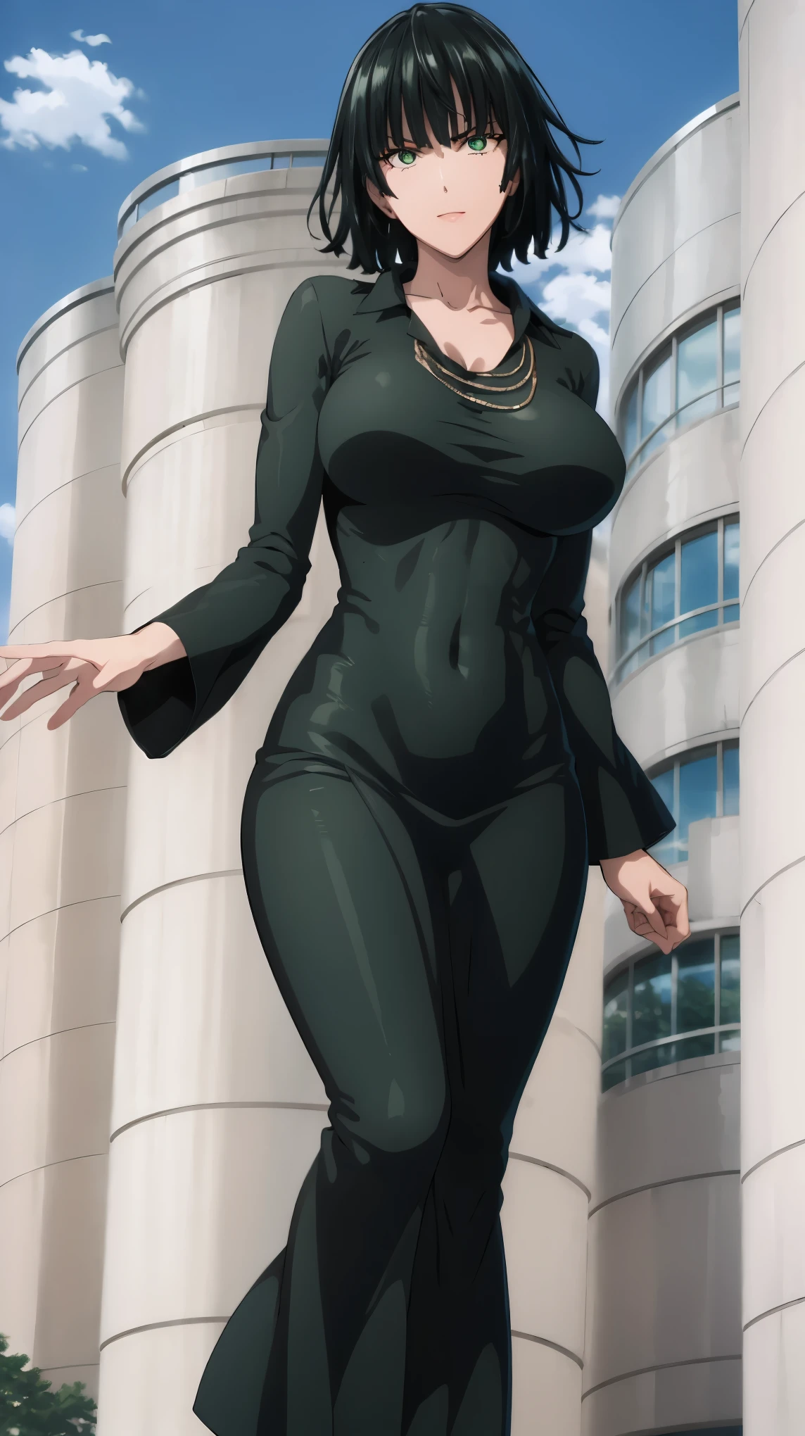 Fubuki from anime one punch man, fubuki, Best quality, Masterpiece, Ultra-detailed, Detailed light, (RAW photo:1.2), (Photorealistic:1.4),(Masterpiece:1.3),(Best quality:1.4), 1girll, Solo, Waist up, short hair , don't have clothes，Naked of breast，huge tit，nacked hip，Giant buttocks，Golden breasts，Intimidation eyes, Tight dark green torn dress, pantyhose, A disdainful smile, pink nipples, cleavage, torn clothes 