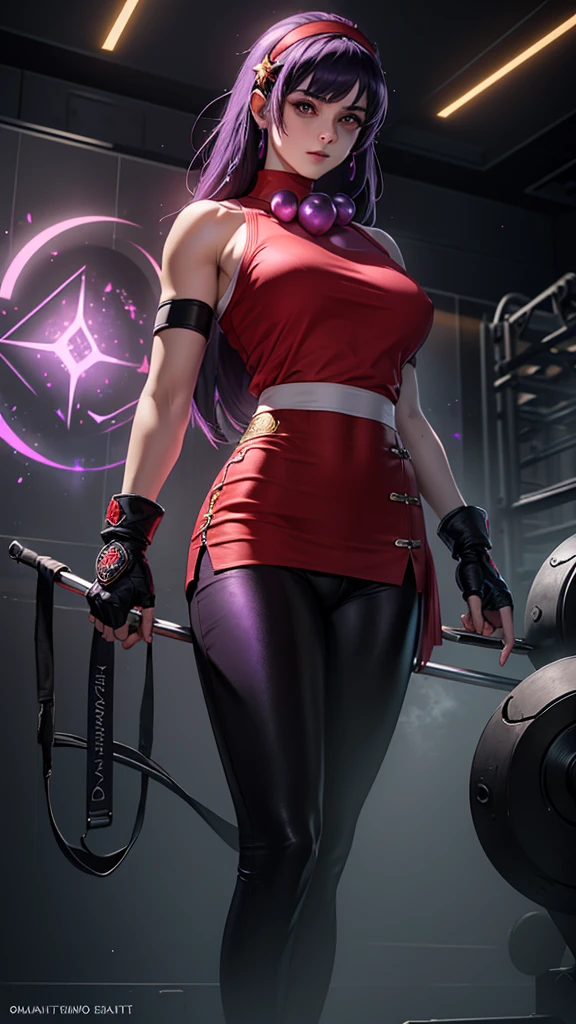 Realistic 1.2, She is at the gym, gym, headband, long hair, purple hair fingerless gloves, purple eyes, headband vermelha, jewelry, star, (symbol), hair ornament, red sports skirt ,  black legue pants underneath , hair ornament de star, big breasts, red tank top, fringe, big breasts, red gloves, ( Computer-generated images) e VFX (Visual Effect)  highlight intricate anatomical features in a perfect way. sfx, complement visual art, immersing the viewer. The level of detail is inspiring,  with meticulously crafted intricate elements ,  volumetric effects add depth and dimension , and the photorealism is unmatched. The image is rendered in 8K resolution,  ensuring super-detailed visuals , highlighting your beauty and aura in a supernatural way.  High Dynamic Range technology  (HDR)  makes the cores stand out , adding richness to the overall composition. Finally, this art presents an unreal portrait.