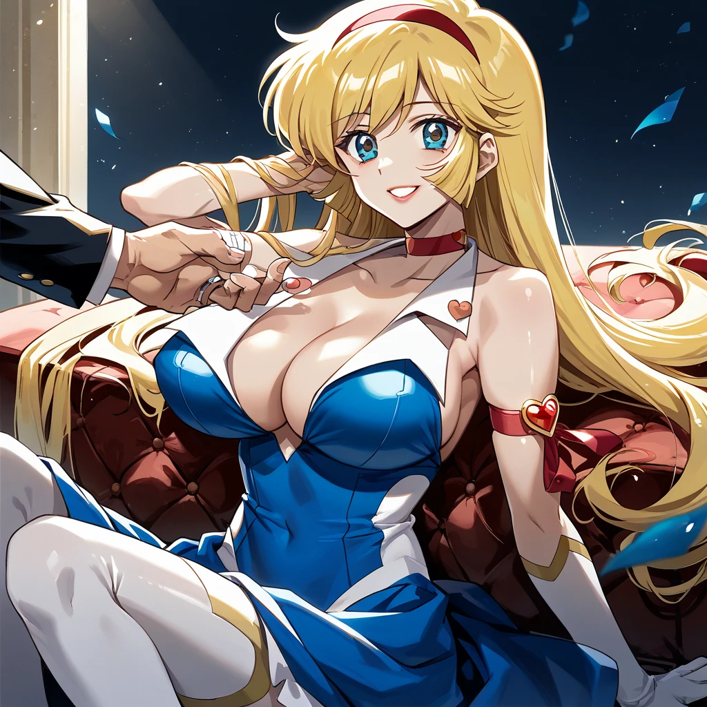 ((Best Quality)), ((masterpiece)), (detailed), （ perfect face）、The beautiful blonde Kisaragi Honey belongs to a black man, and the woman is strong, tall, and a wild black man wearing vulgarly flashy clothes, hugged and passionately kissed on a luxurious nightclub sofa and snuggled up while loving each other, and was caressed all over her body by the man, The woman is Ishihara Satomi, who has excellent proportions and big breasts, wears gorgeous, and vulgarously flashy dresses that match black men's hobbies with gorgeous accessories such as necklaces They are dressed vulgarously, wearing flashy makeup and lipstick, tying their hair, smiling gently, and wearing an engagement ring、A woman and a black man are madly in love