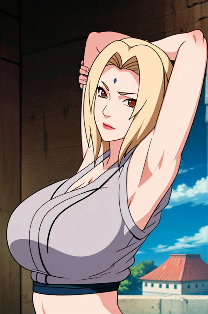 masterpiece, tsunade, large breasts, sleeveless, bare shoulders, solo, 1 girl, shaved armpits, absurdres, detailed, ultra hd