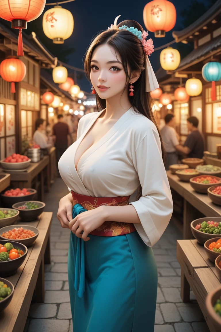 score_9, score_8_up, score_7_up, rating_questionable,
1girl, solo, woman with large breasts, standing in a bustling Japanese marketplace, surrounded by colorful lanterns and exotic goods, exuding a sense of adventure and excitement