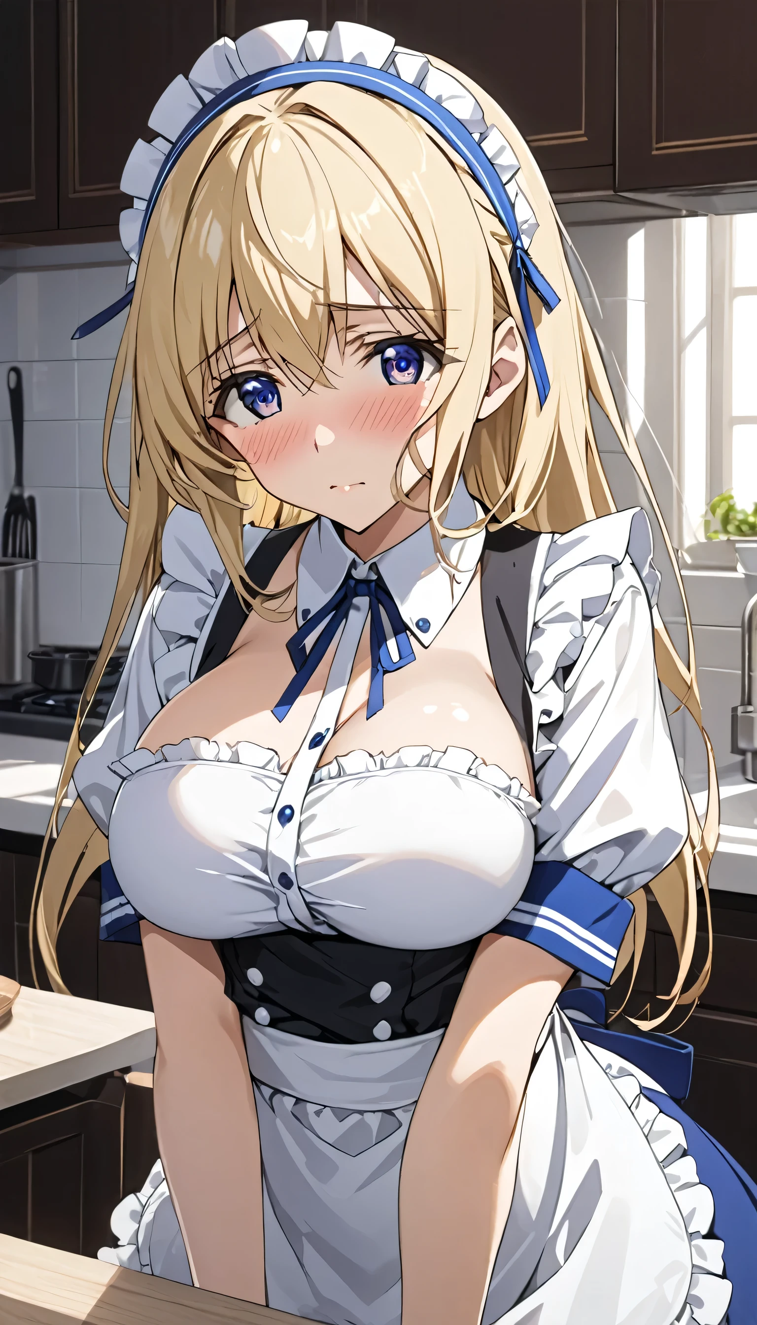  High Resolution ,  masterpiece , precise,  best quality,  High Detail , โมเดล High Resolution , background, kitchen,  from Infinite Stratos Series, Cecilia Alcott, Long light yellow hair, Blue Headband, Blue eyes, Pupil , Multicolored eyes, Blushing, Shy, Big Breasts, Wear a maid outfit, White stockings