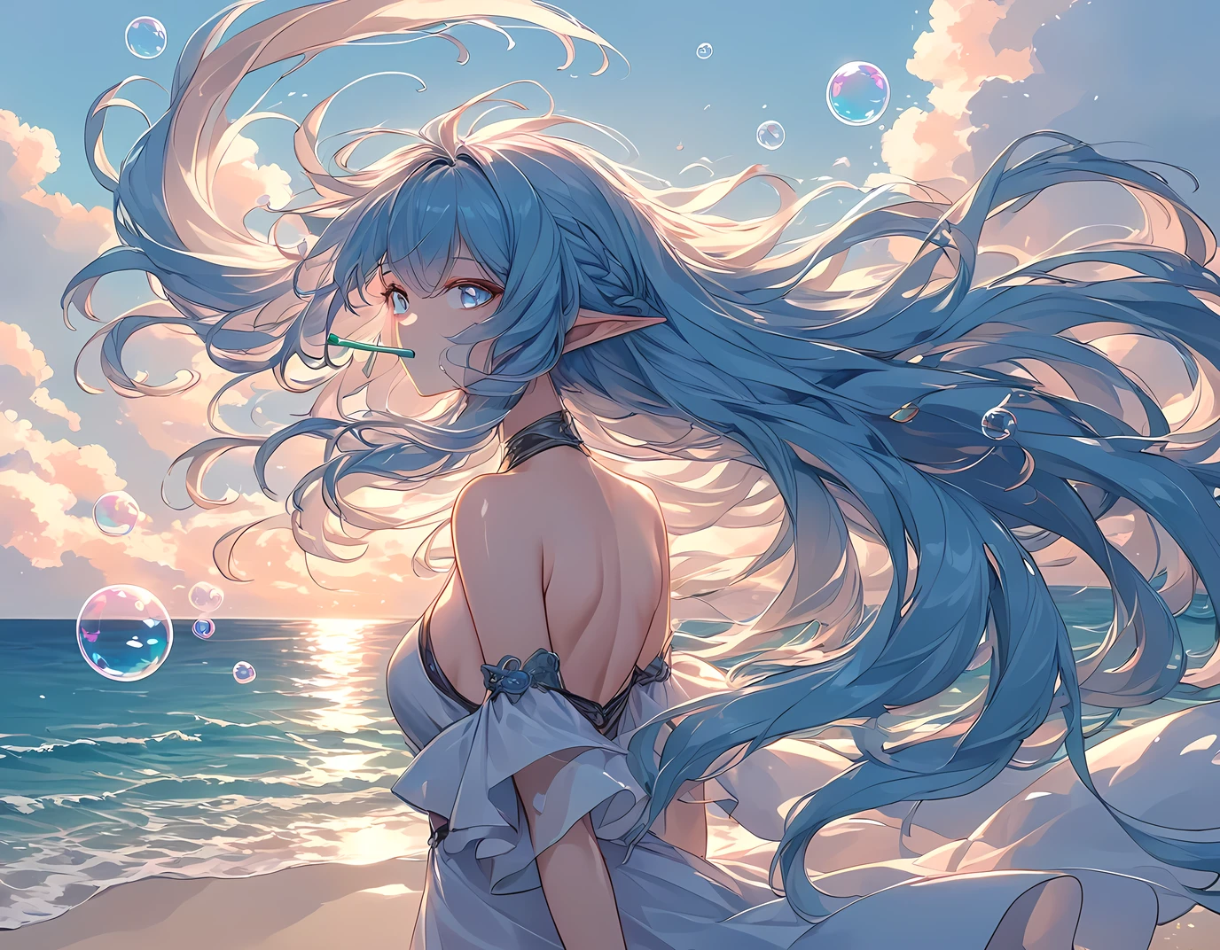 ((best quality)), ((masterpiece)), (detailed), perfect face, detailed eyes, (best quality), (detailed skin:1.3), (intricate details), elf, blue hair, long hair, floating hair, big hair, pointy ears, She shows her back, back view, She turns around and looks at, Her lush hair is blown up by the wind, Wind blowing up from the bottom, hair blown up by the wind, seaside, Blowing bubbles, bubble, bubble blowing, bubble pipe