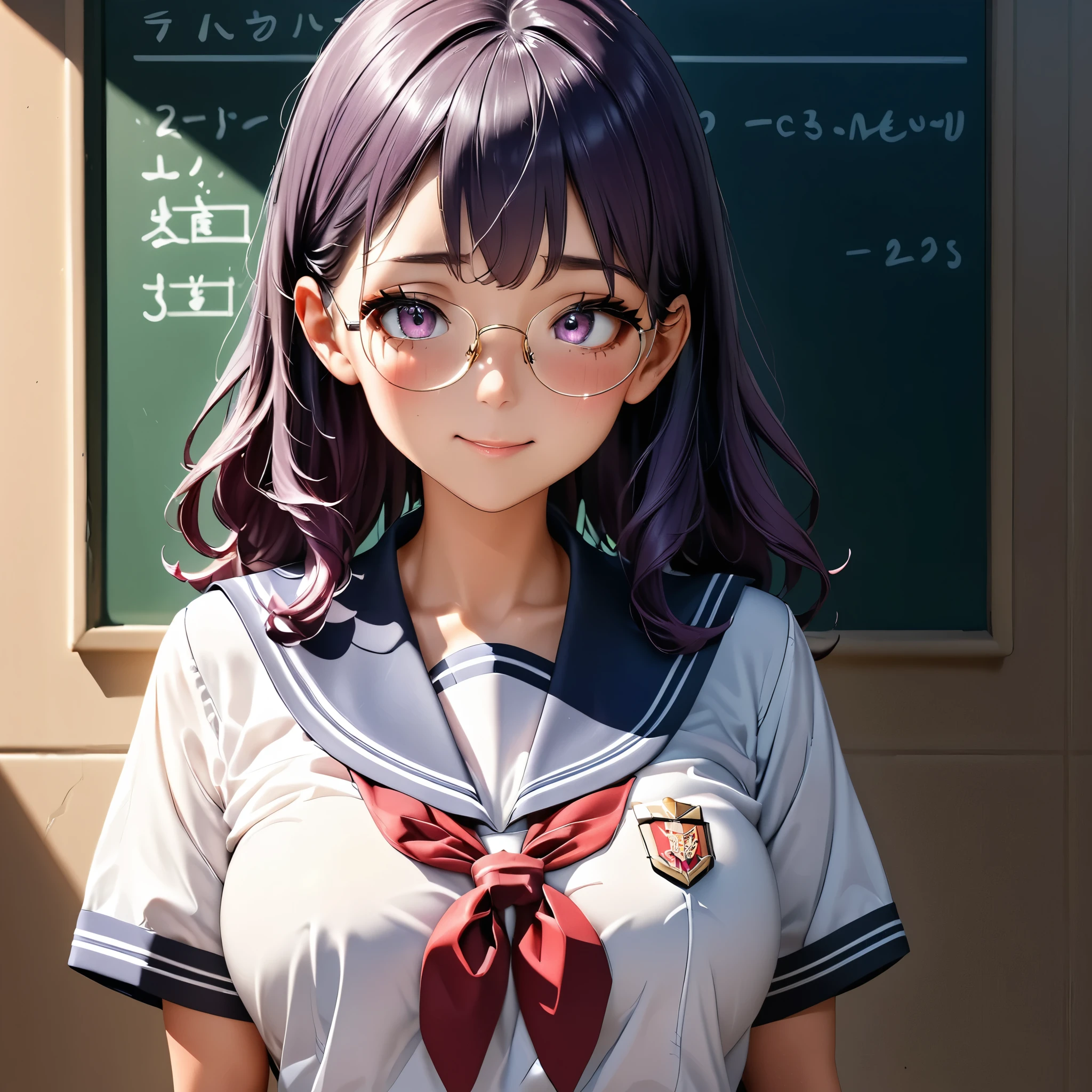 beautiful, perfect eyes, perfect face, perfect lighting, 1girl, wide hips, schoolgirl sailor uniform, white blouse, pink skirt, shy smile, thick round glasses, cheeks blushing, absurdres, [perfect shadows and lighting] detailed background, incredible high-key lighting, rich colors, school hallway background, accurate, anatomically correct (masterpiece:1.3) ultra detailed illustration, (best quality:1.1), textured skin, high details, award winning, highres, UHD, shiny skin, deep purple hair, hyper beautiful face, standing next to a school blackboard, cleaning blackboard erasers,