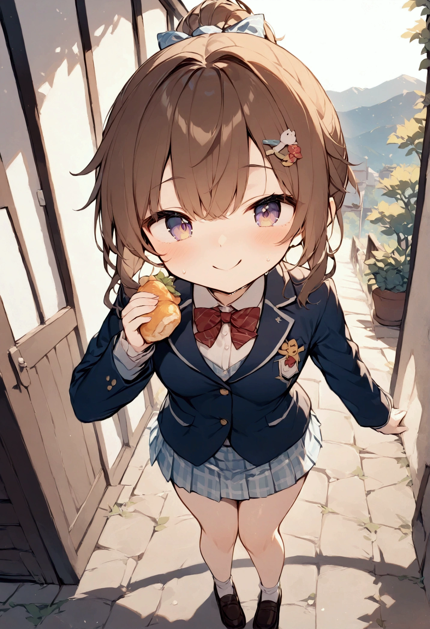 (masterpiece),(Best Quality),  staring at viewers, Female  high school,Brown Hair, ponytail,Navy blue blazer,  light blue gingham check short skirt, Brown Loafers, Shy expression, smile, I&#39;m in a hurry,  sweaty,  {Top view| medium shot}, Pose holding down the front of the skirt ,Shy appearance,  (Wavy Hair:0.8),{whole body| cowboy shot that makes me dream violently}, {indoor|Outdoor},whole bodyを描いて, {In the classroom|noon食}, {cuteお弁当|noon}, { eating deliciously |happiness},Amazingly slim,  detailed background, Light tones, whole body, （The charm of youth）