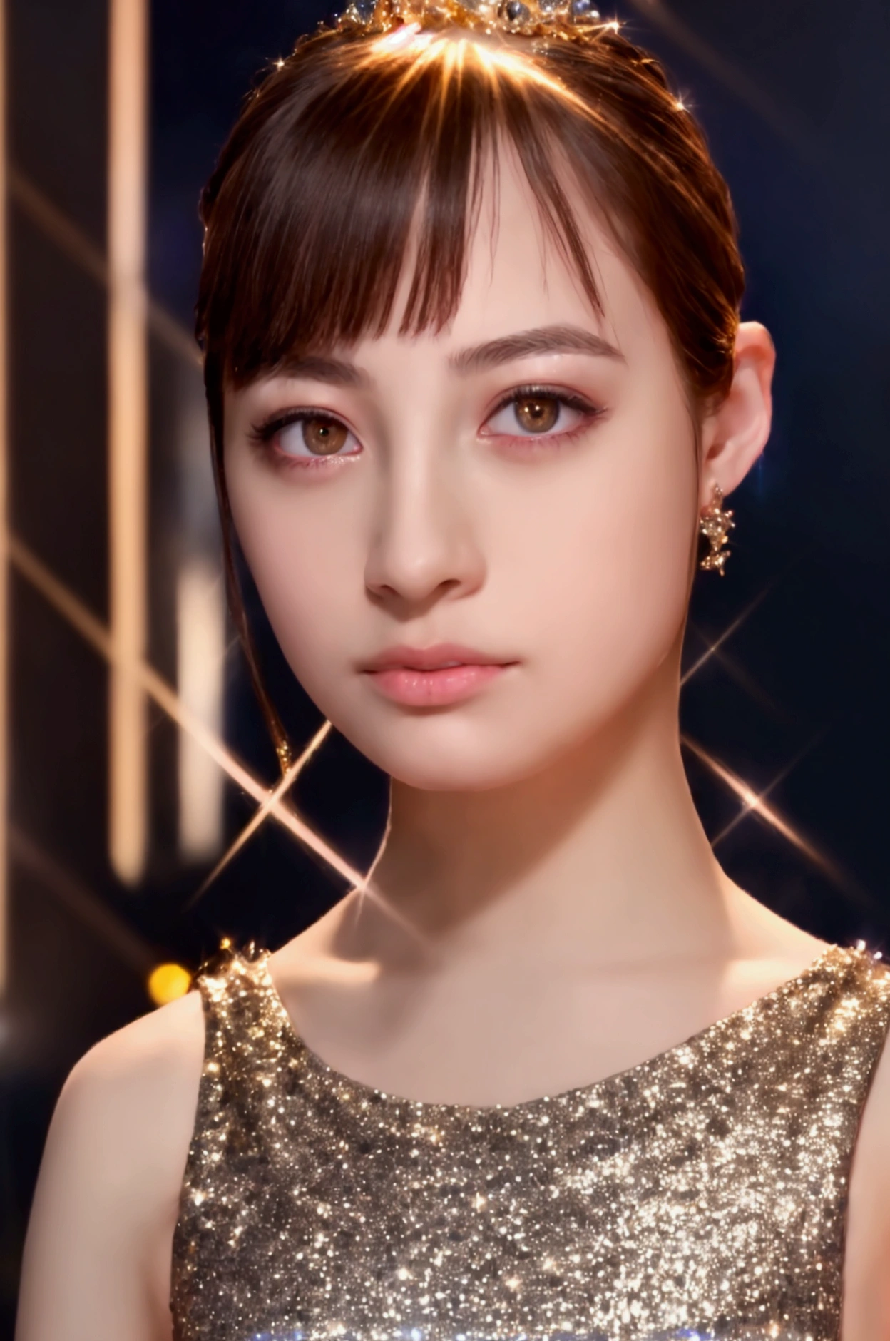 1girl,(wearing a sleeveless glittery evening dress:1.2),(RAW photo, best quality), (realistic, photo-realistic:1.4), masterpiece, an extremely delicate and beautiful, extremely detailed, 2k wallpaper, Amazing, finely detail, extremely detailed CG unity 8k wallpaper, ultra-detailed, highres, soft light, beautiful detailed girl, extremely detailed eyes and face, beautiful detailed nose, beautiful detailed eyes,cinematic lighting,city lights at night,perfect anatomy, 
