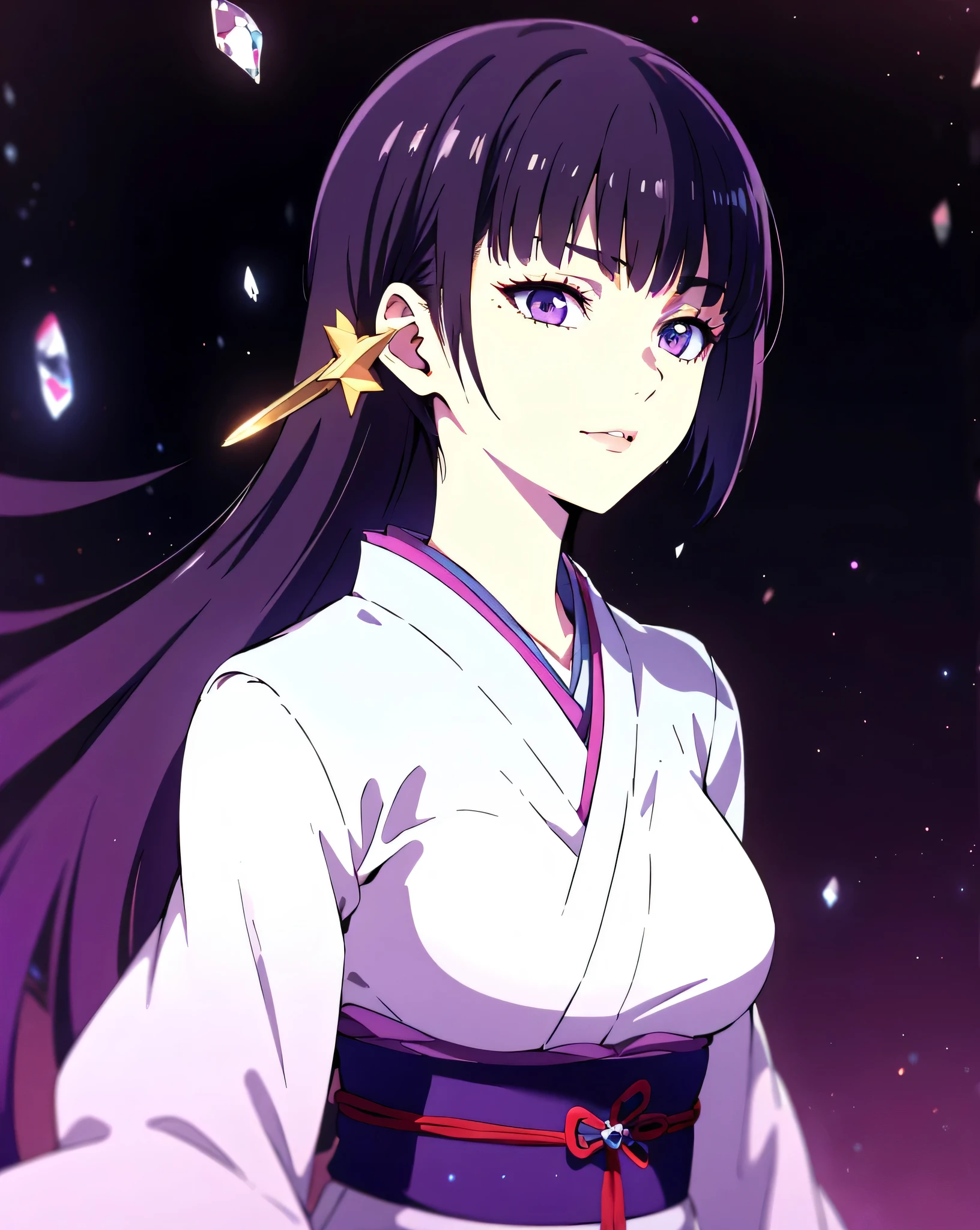 masterpiece, best quality, cowboy shot, upper body, 1woman, 1girl, solo, purple hair, long hair, blunt bangs, purple eyes, big breasts, white clothing, kimono, obi, wide sleeve, hair ornament, curtain skirt, detailed fingers, detailed face, high resolution, cell shade, galaxy background, stars,