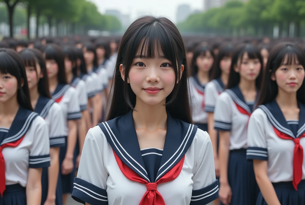 A girl in a sailor uniform, detailed uniform, sailor collar, pleated skirt, walking on a crowded city road, (best quality,4k,8k,highres,masterpiece:1.2),ultra-detailed,(realistic,photorealistic,photo-realistic:1.37),vivid colors,professional,HDR,physically-based rendering,studio lighting,beautiful detailed eyes,beautiful detailed lips,extremely detailed eyes and face,longeyelashes,urban scene,cityscape,detailed architecture,crowds,street lamps,reflections