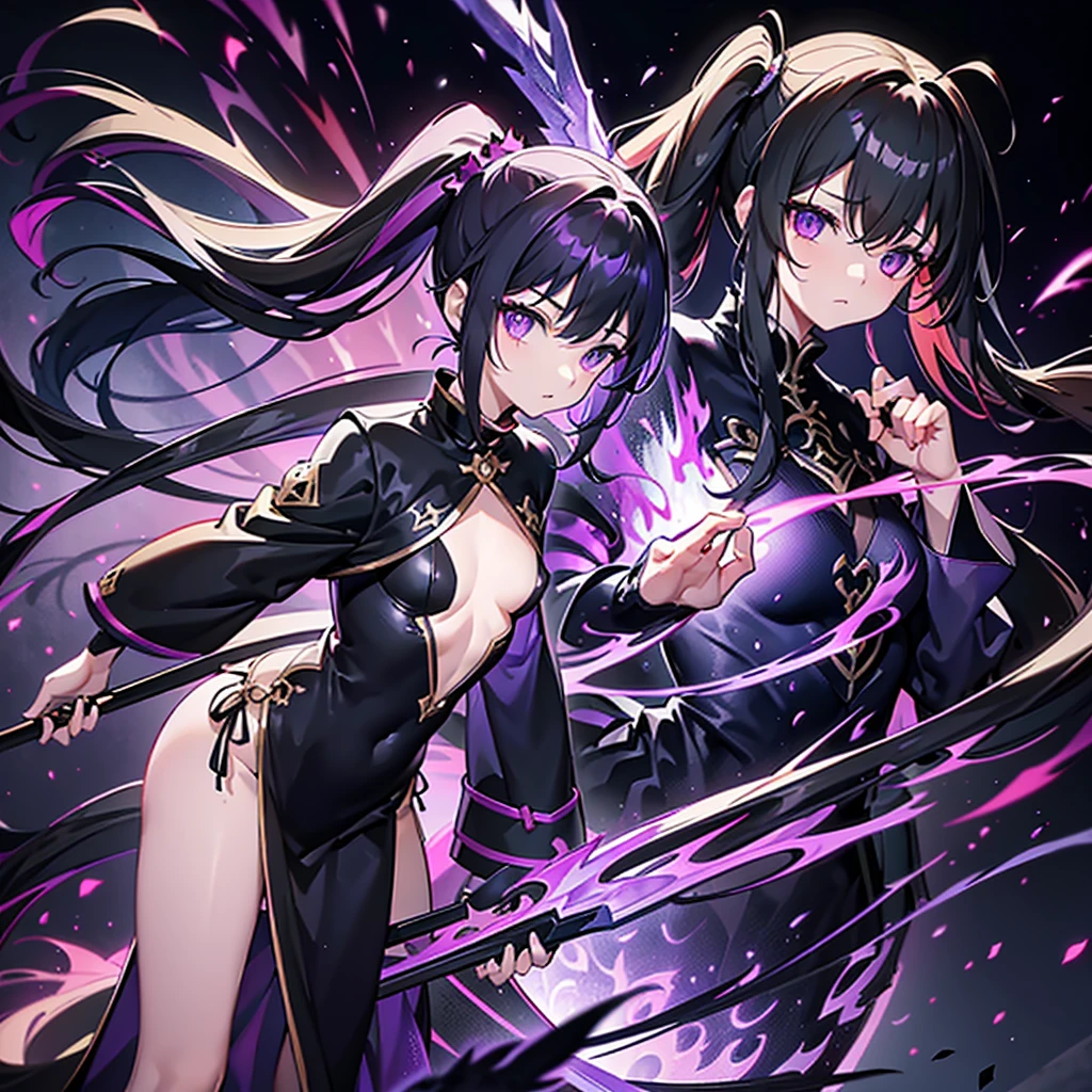 Black Purple Fire 1 .9((Alone))(long side ponytail 1.8)((small breasts1.*****ung Body 1.2、Long black hair 1.5、Purple Eyes 1.5、1 dressed in worn out black wizard clothing.8、 Big Winged Angel Wizard Girl Metatron 1.3、