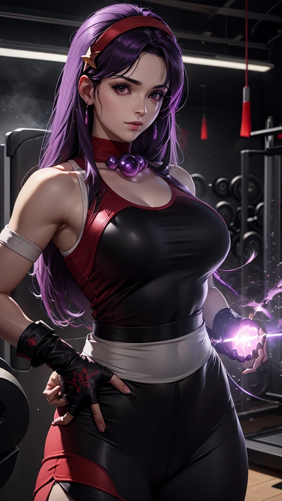 Realistic 1.2, She is at the gym, gym, headband, long hair, purple hair fingerless gloves, purple eyes, headband vermelha, jewelry, star, (symbol), hair ornament, red sports skirt ,  black legue pants underneath , hair ornament de star, big breasts, red tank top, fringe, big breasts, red gloves, ( Computer-generated images) e VFX (Visual Effect)  highlight intricate anatomical features in a perfect way. sfx, complement visual art, immersing the viewer. The level of detail is inspiring,  with meticulously crafted intricate elements ,  volumetric effects add depth and dimension , and the photorealism is unmatched. The image is rendered in 8K resolution,  ensuring super-detailed visuals , highlighting your beauty and aura in a supernatural way.  High Dynamic Range technology  (HDR)  makes the cores stand out , adding richness to the overall composition. Finally, this art presents an unreal portrait.