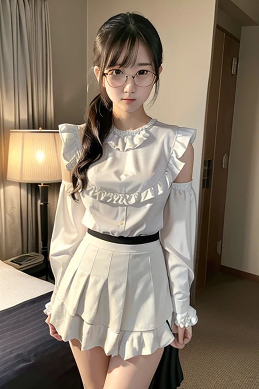 (A woman standing on the Yamanote Line:1.5)、(Realistic、Like a photograph、Live Action、8k, Realistic, RAW Photos, Best image quality: 1.4), Single-lens reflex camera、RAW Photos, Highest quality, Realistic, Highly detailed CG Unity 8k wallpaper, Written boundary depth, Cinematic Light, Lens flare, Ray Tracing, Realistic background、((Ultra-Dense Skin))、 23-year-old woman、Cute Japan OL、(whole body:1.5)、(White blouse、Black pleated skirt:1.5、Over the knee socks:1.44)、Wear glasses、Large Breasts)、Very detailedな顔，(avert your eyes:1.5)、(Long Hair:1.2、I like that style、stylish、Very detailed、Pay attention to the details、Perfect outfit、(Sunburned skin)、Front view、Accurate hands、Accurate legs、Detailed hands and fingers、Anatomically correct body、Thin legs、Thin thighs、Large Breasts、Very detailedな顔、View from the front
