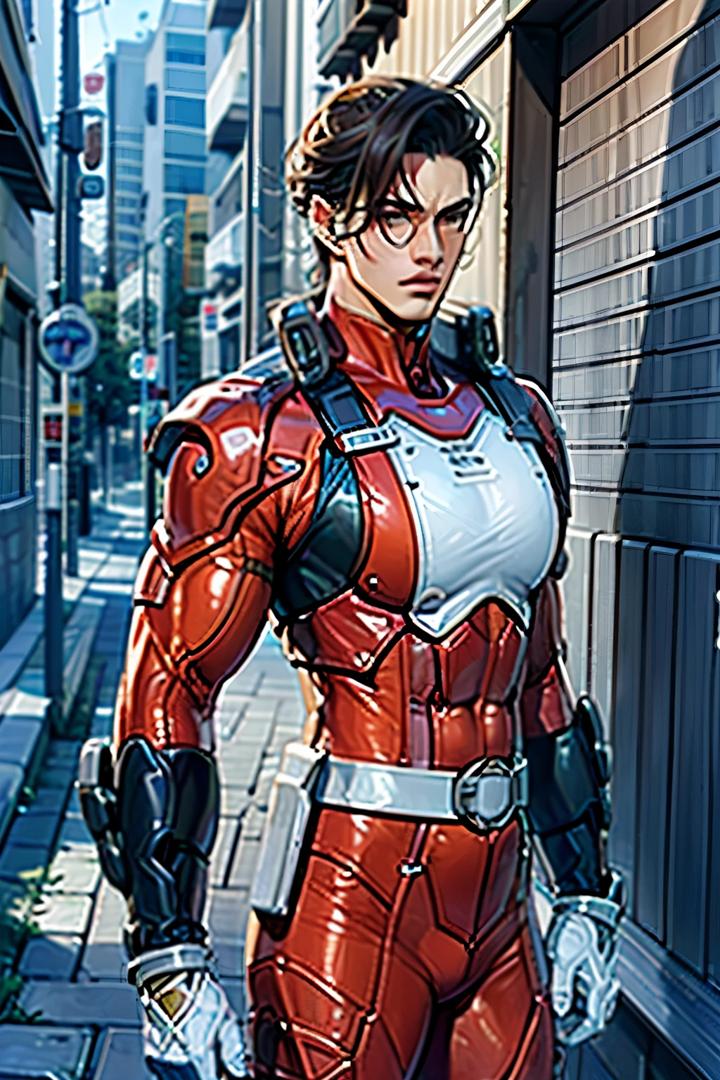(Highly detailed CG), (Best Quality), (Highly detailed CG), (Best Quality), Back Alley,, hero costume, Beautiful and attractive young man, Lean and muscular, Large breasts, I can put semen on my body