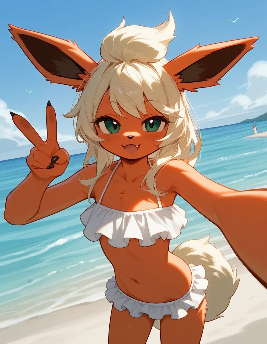 alone, score_9,score_8_up,score_7_up, anthro female flareon, white sling swimsuit, beach background, standing, happy,