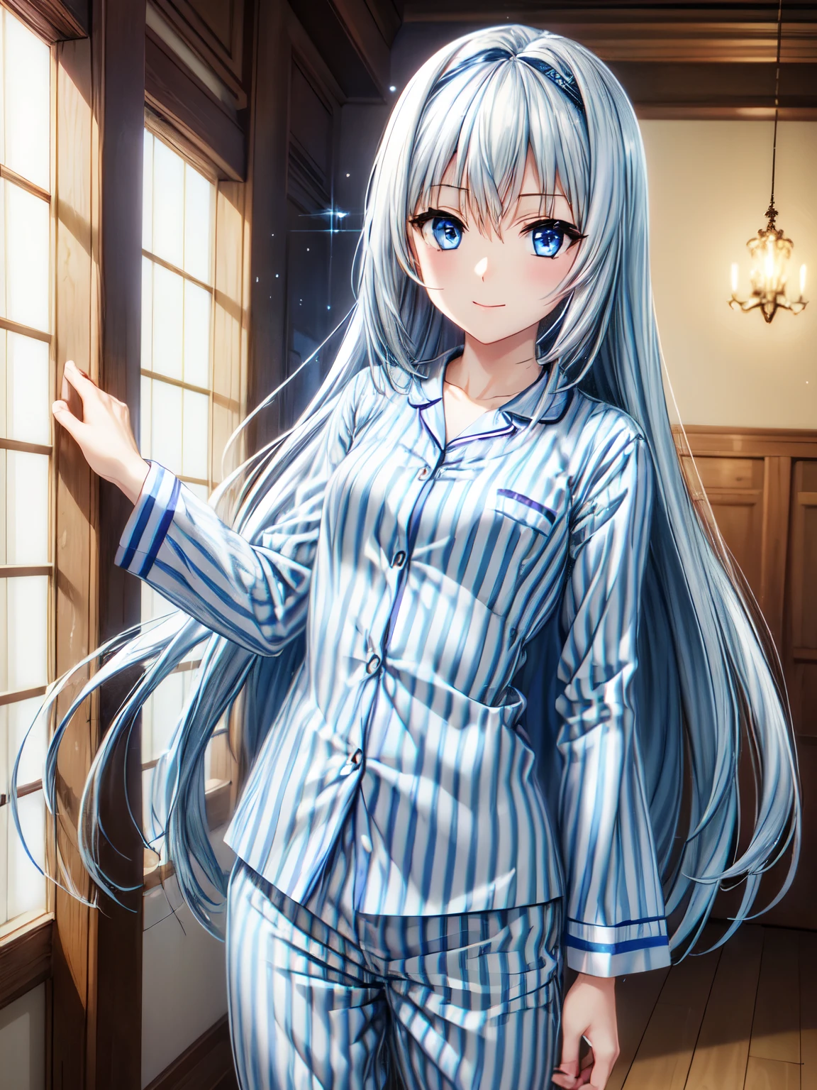 masterpiece、Best Quality、detailed、Eucliwood Helsize、Standing、Closed Mouth、smile、One girl、Blue Eyes、Long Hair、( anime illustration style:1.2)、Silver Hair、 Blue eyes,indoor、bet、Long Hair、Attractive eyes、(Long pants、In pajamas:1.3),In pajamas、Hair Clip、stripe、Looking Supervisor、Sharp pupils、 High Resolution 、 High Resolution 、 super fine painting,、(非常にdetailed、color、Sparkle)、(Genuine、Real、Realistic)、Small breasts、  High Resolution 、超 High Resolution 、 cowboy shot that makes me dream violently