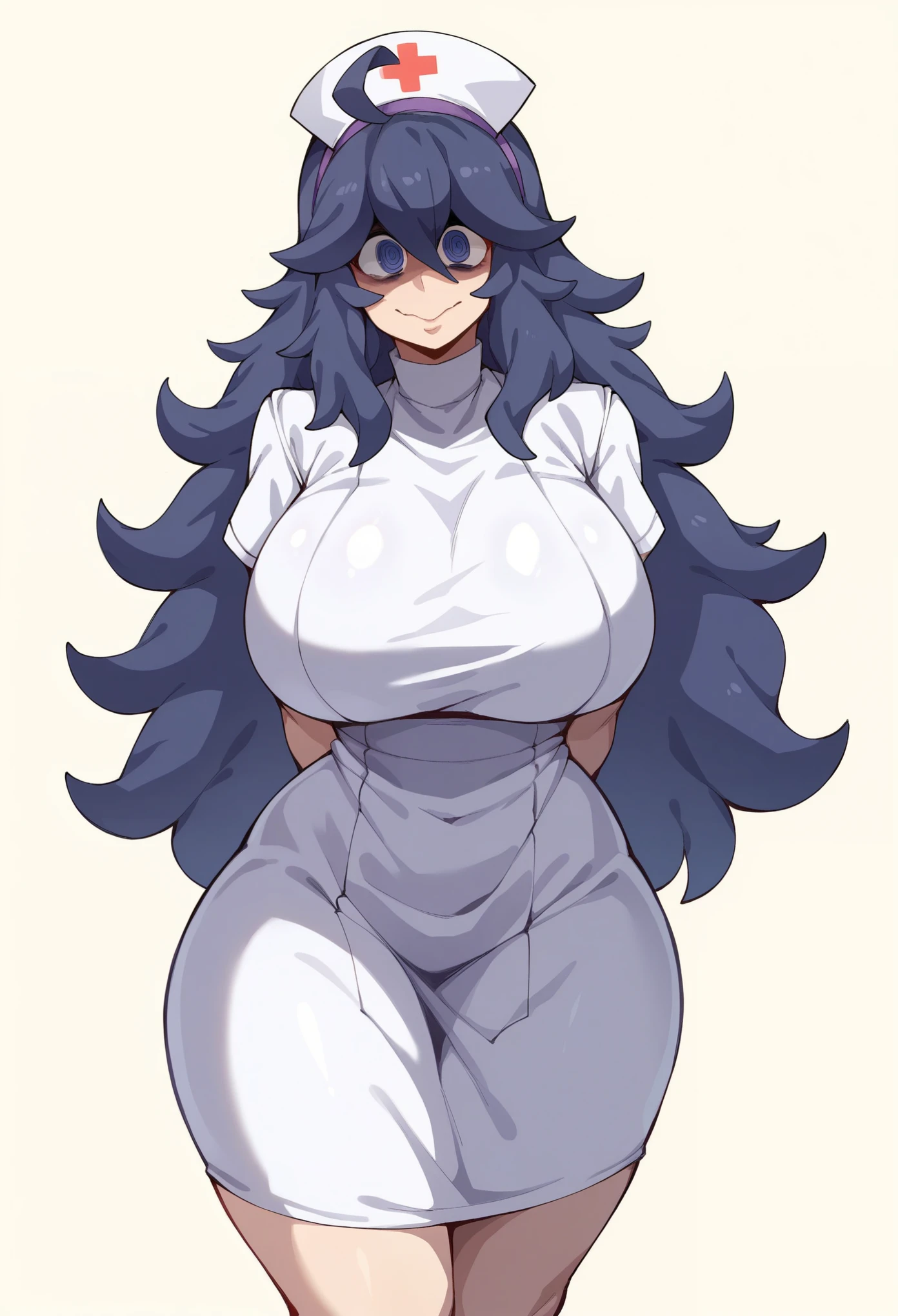 score_9, score_8_up, score_7_up, BREAK, 1girl, solo, huge breasts, portrait, mature female, simple background, thick thighs, wide hips, big ass, showing buttcrack slightly, showing big butt, psychward nurse, hex maniac, nurse, closed mouth, fully covered breasts, arms behind back