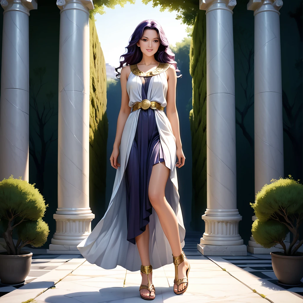 A girl wearing an ancient Greek chiton, standing elegantly, the chiton flowing gracefully with pleats, intricate patterns embroidered, delicate sandals, dark wavy hair styled in a Greek fashion, serene expression, set against a backdrop of ancient Greek architecture with marble columns, olive trees in the background, soft sunlight casting gentle shadows, historical and mythological ambiance, high detail, realistic style, deep purple hair , hyper beautiful face, purple hair, perfect anatomy, shiny skin, beautiful smile,
