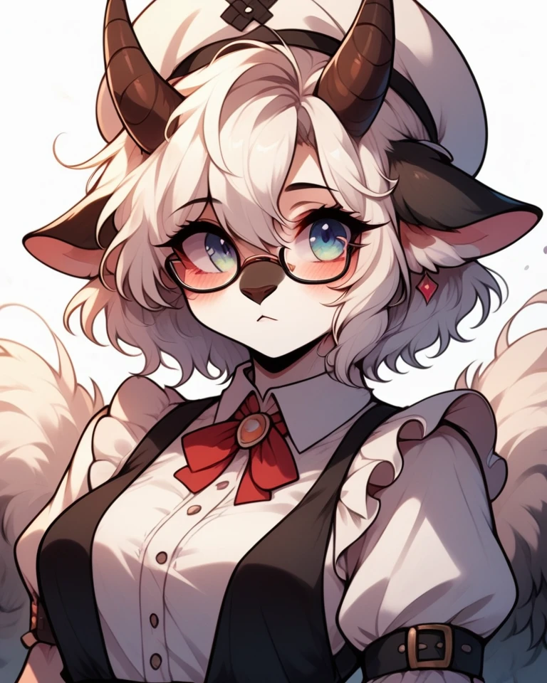  - Anthropomorphic woman - Sheepskin - Maid dress - Hat - Horns - Short white hair - Anime and cartoon style - Secretary glasses - Detailed and expressive expression - Age: 21 years old - Artistic style: anime and cartoons - Focus on femininity and elegance - Details in dress and accessories design - Gentle and attractive facial expression