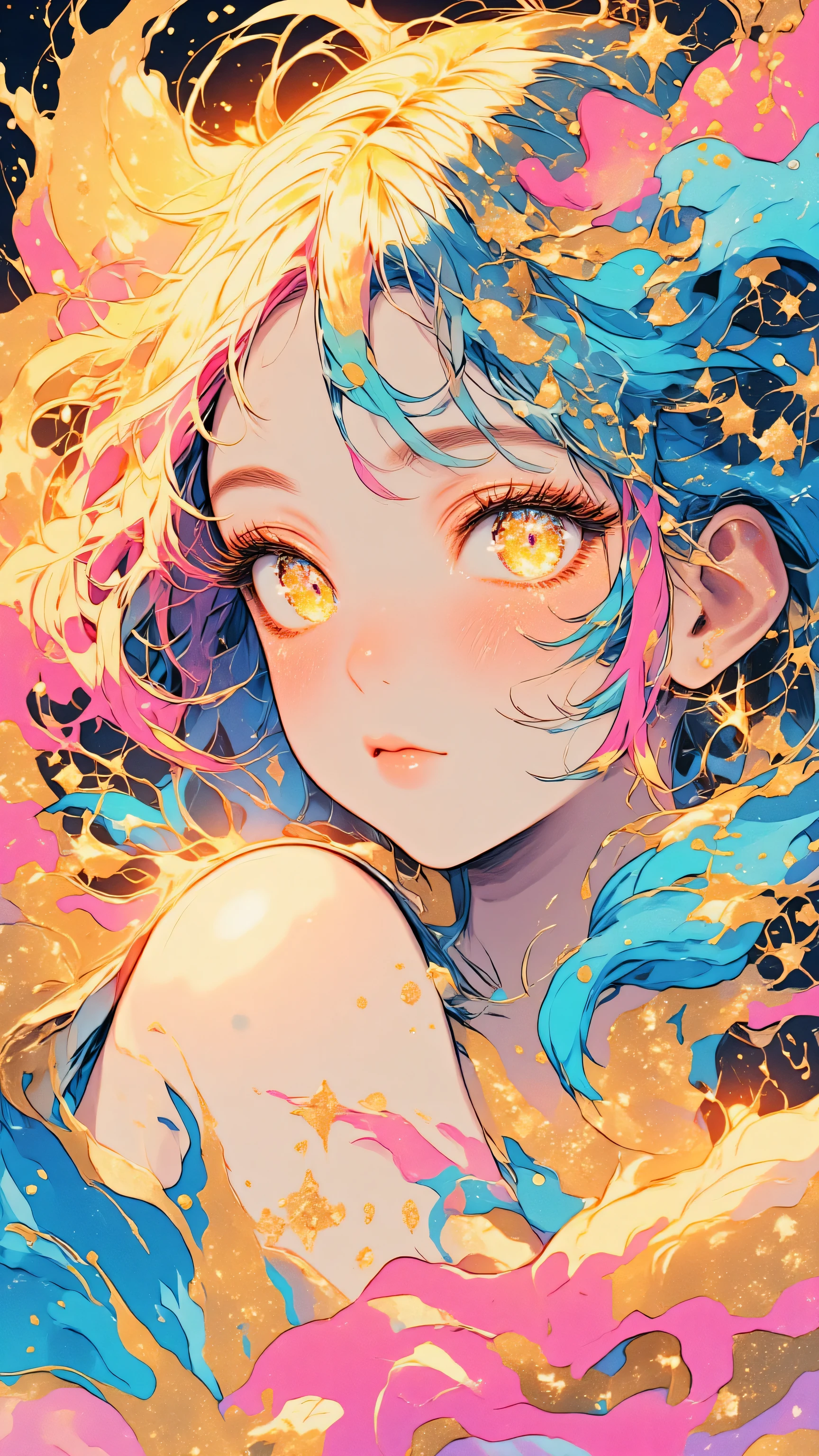 (Japanese girl:1.3), beautiful detailed eyes, beautiful detailed lips, extremely detailed eyes and face, long eyelashes, upper body, from side, looking at viewer, (fractal art:1.3), (rainbow color hair, colorful hair, half blue and half pink hair:1.2), water, liquid, cloud, colorful, starry, stars, (best quality, 4k, 8k, highres, masterpiece:1.2), ultra-detailed, (realistic, photorealistic, photo-realistic:1.37), vibrant colors, studio lighting, extremely detailed description, professional, concept art, surreal, 1920s french vibe, monochromatic gold and pink palette, in the style of french illustrator moebius, gold elements, (Chinese illustration:1.3,Paper Art:1.3, キルティングPaper Art:1.2),( Streamlined Design, Clear lines, High sharpness,Better Quality, Very detailed, Master Parts, Film Light Effect, 4K ) Illustration design, porcelain doll skin, beautiful detailed eyes, beautiful detailed lips, extremely detailed gold eyes and face, long eyelashes, upper body, from side, looking at viewer, (fractal art:1.3), (pink hair:1.2), water, liquid, cloud, colorful, starry, stars, (best quality, 4k, 8k, highres, masterpiece:1.2), ultra-detailed, (realistic, photorealistic, photo-realistic:1.37), vibrant colors, studio lighting, extremely detailed description, professional, concept art, surreal, 1920s french vibe, monochromatic gold and pink palette, in the style of french illustrator moebius, gold elements,