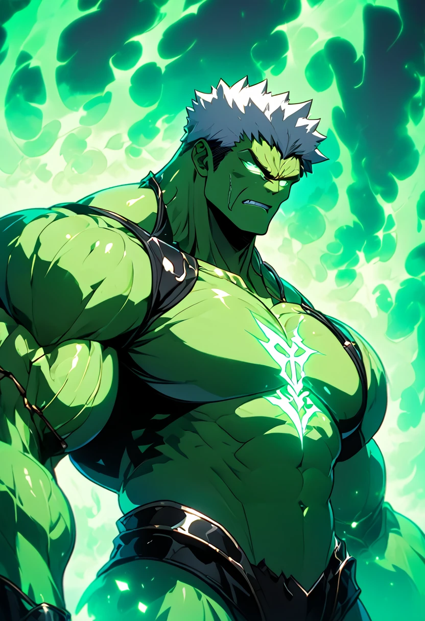 As Hulk is known for his enormous strength and endurance, his resurrection in the Bleach universe would focus on further enhancing these attributes. His spiritual power would manifest as a bright green aura that would increase in intensity as his anger and strength increased. His resurrected form would be a huge, muscular creature with thick, rough green skin. His eyes would be yellow and glowing, and his nails would be sharp like claws. His sword uniform would be a sort of bright green armor with an "H" symbol on the chest. In addition to his enhanced strength and endurance, Hulk's resurrection would also grant him abilities such as accelerated regeneration and the ability to increase his muscle mass even further to increase his strength even further. He would be a formidable opponent for anyone who dared to face him in the Bleach universe, high definition 8k