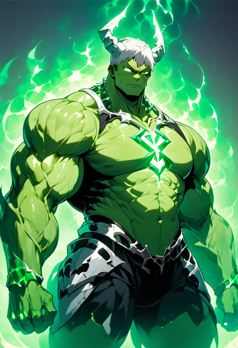 As Hulk is known for his enormous strength and endurance, his resurrection in the Bleach universe would focus on further enhancing these attributes. His spiritual power would manifest as a bright green aura that would increase in intensity as his anger and strength increased. His resurrected form would be a huge, muscular creature with thick, rough green skin. His eyes would be yellow and glowing, and his nails would be sharp like claws. His sword uniform would be a sort of bright green armor with an "H" symbol on the chest. In addition to his enhanced strength and endurance, Hulk's resurrection would also grant him abilities such as accelerated regeneration and the ability to increase his muscle mass even further to increase his strength even further. He would be a formidable opponent for anyone who dared to face him in the Bleach universe, high definition 8k