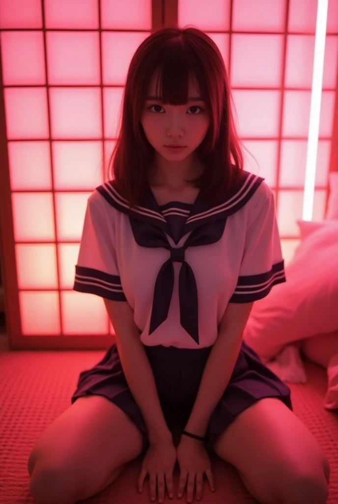(Japanese 18 year old high school girl))　((Plump and glossy lips))　Saggy breasts　((Brown Hair))　((Looking into the camera))　Sit with your legs apart　((Schoolgirl uniform))　Low angle shot of a person standing facing forward　Looking down　((A bedroom with shoji screens and tatami tatami lit up with pink neon lights))　(((( Please look at my pussy with my legs spread in an M-shape:1.2))))