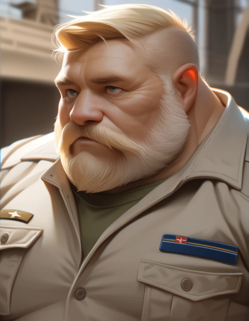 solo, 1boy, Muscular Old man, wide shoulder, thick arms, (chubby, belly), wide pectoral, massive muscle, short hair:1.2, blonde hair, detailed eyes, soldier uniform, focus eyes, soldier shirt, open shirt, masterpiece, semirealistic:1.2, high detailed, 8k, high resolution