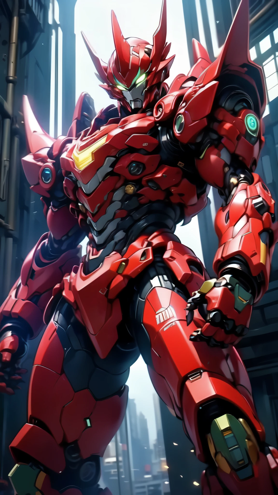 (masterpiece:1.5, best quality:1.5, extremely delicate:1.5, foreshortening:1.5, dynamic angle:1.5), ((male:1.5)), Biomimetic humanoid Mecha, green eyes, fully enclosed shoulder guards, matching arm and leg guards, gemstone, full body, full armor, the design balances heavy with agility, organic biotech armor, (the color scheme is primarily White with Blue and Red accents, concept Inspired by Lion, glowing eyes, the armor glows), standing, floating high above the futuristic sci-fi city, exquisite and mature art style, metallic, dramatic, high definition, highres, ultra-detailed, ultra-fine painting, professional, anatomically correct, symmetrical face, extremely detailed eyes and face, high quality eyes, creativity, RAW photo, UHD, 32k, Natural light, cinematic lighting, (masterpiece-anatomy-perfect:1.2)