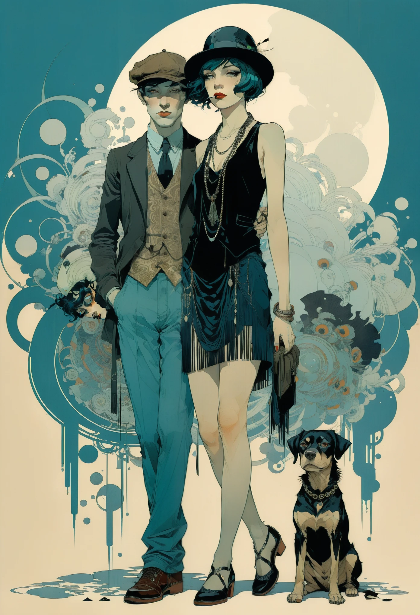 by Jean-Baptiste Monge and Tomer Hanuka, Cyan 78, wide angle, hyper detailed, comic book cover art, bold lines, expressive drawing, A 1924 era Flapper girl (full body shot), with the trendy hair style of the times, flapper shoes and hat, hanging out with a young gangster: Pretty Boy Floyd, full body shot::3.0 , they are both hanging out at the bank in 1924, full body shot