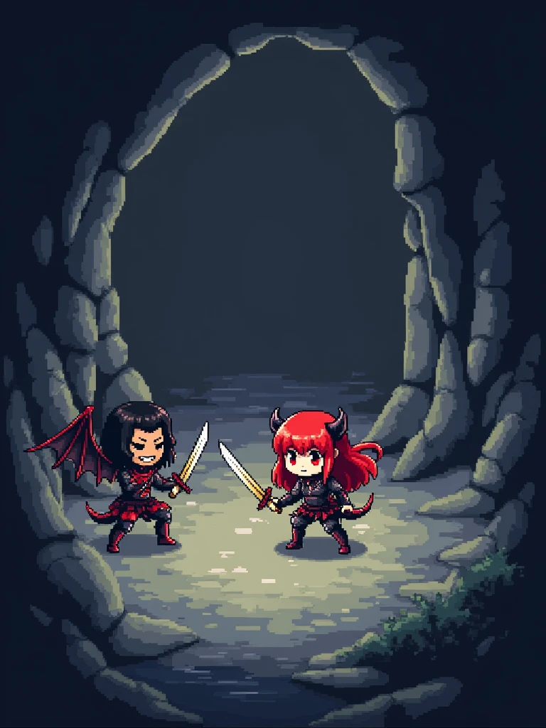 (Best Quality,Very detailed depiction, Incredible Hi-Res, pixel art),Deformed Characters,Chibi Character,Isometric view,Deep in the cave,During combat,Succubus,Devil&#39;s Wings,Female Swordsman,Screenshots of the game