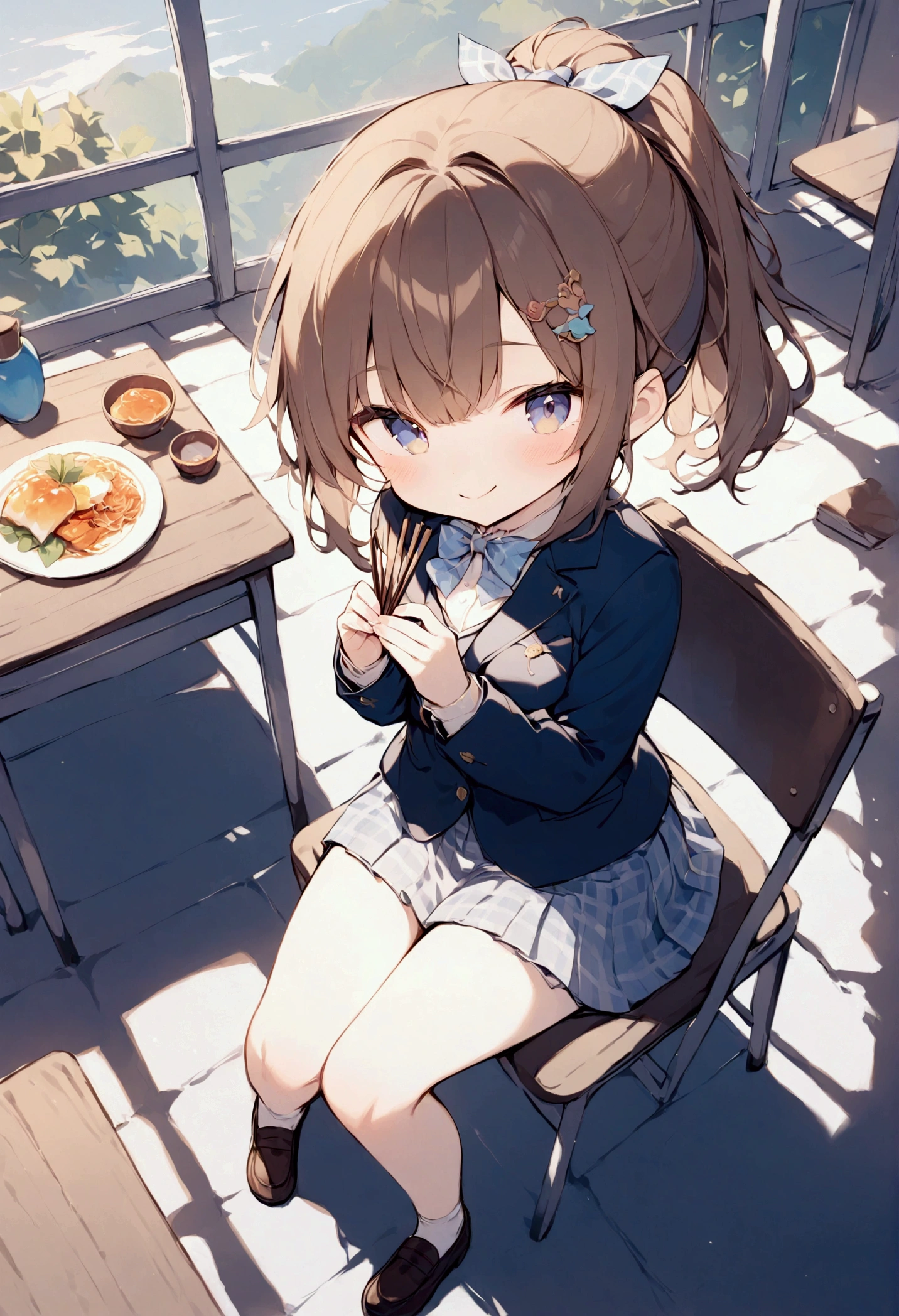 (masterpiece),(Best Quality),  staring at viewers, Female junior high school student, cute,Brown Hair, ponytail,Navy blue blazer,  light blue gingham check short skirt, Brown Loafers, Shy expression, smile,  sitting on a chair , 机の上にcuteお弁当,  {Top view| medium shot}, I have 2 chopsticks,Figure eating ,  (Wavy Hair:0.8),{whole body| cowboy shot that makes me dream violently}, {indoor|Outdoor},whole bodyを描いて, {In the classroom|noon食}, {cuteお弁当|noon}, { eating deliciously |happiness},Amazingly slim,  detailed background, Light tones, whole body, （The charm of youth）