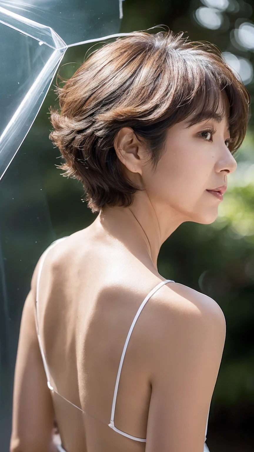 ((Best Quality)), ((8k)), ((masterpiece: 1.3)), (Perfect appearance), ( Transparent : 1.6), (and), (One Japanese Mature),  Perfect Anatomy, ((65 years old)), Short bangs, curly short bob hair, ((Face up from behind an oblique angle)),