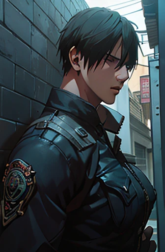 (Highly detailed CG), (Best Quality), (Highly detailed CG), (Best Quality), Back Alley,Leon S. Kennedy, SWAT Clothing, Beautiful and attractive young man, Lean and muscular, Large breasts, You can hang semen on your body、The body is stained with semen, Looks frustrated